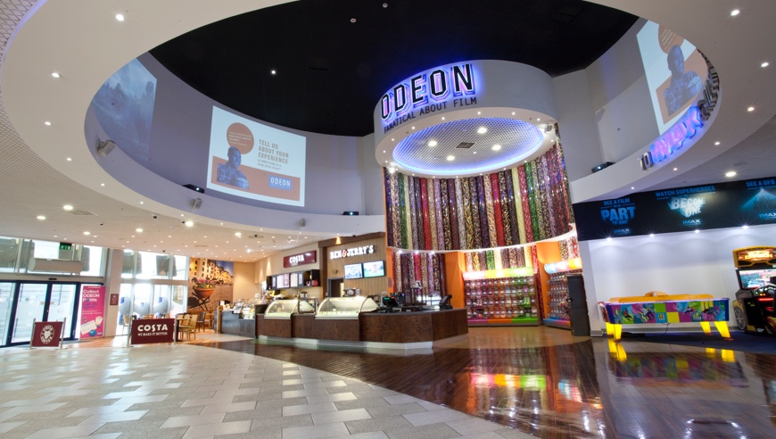Modern cinema lobby at ODEON Liverpool ONE, ideal for events and meetings.