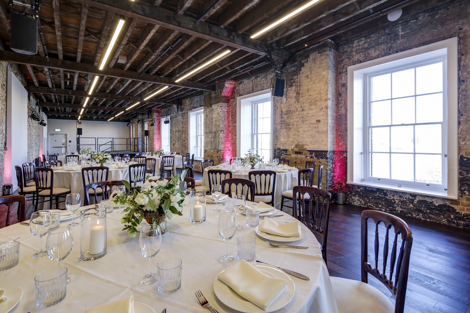Elegant dining area at Beanfeast, Woolwich Works, ideal for weddings and corporate events.