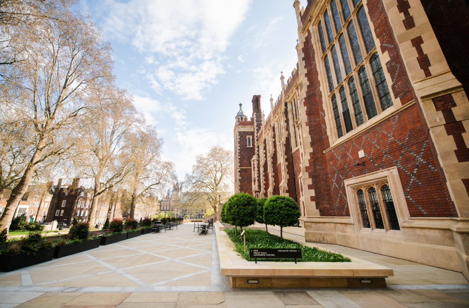 Summer events at Great Hall Terrace, Lincoln's Inn, featuring lush landscaping and elegance.