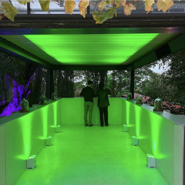 Modern event space with illuminated bar in Omved Gardens, perfect for cocktail receptions.