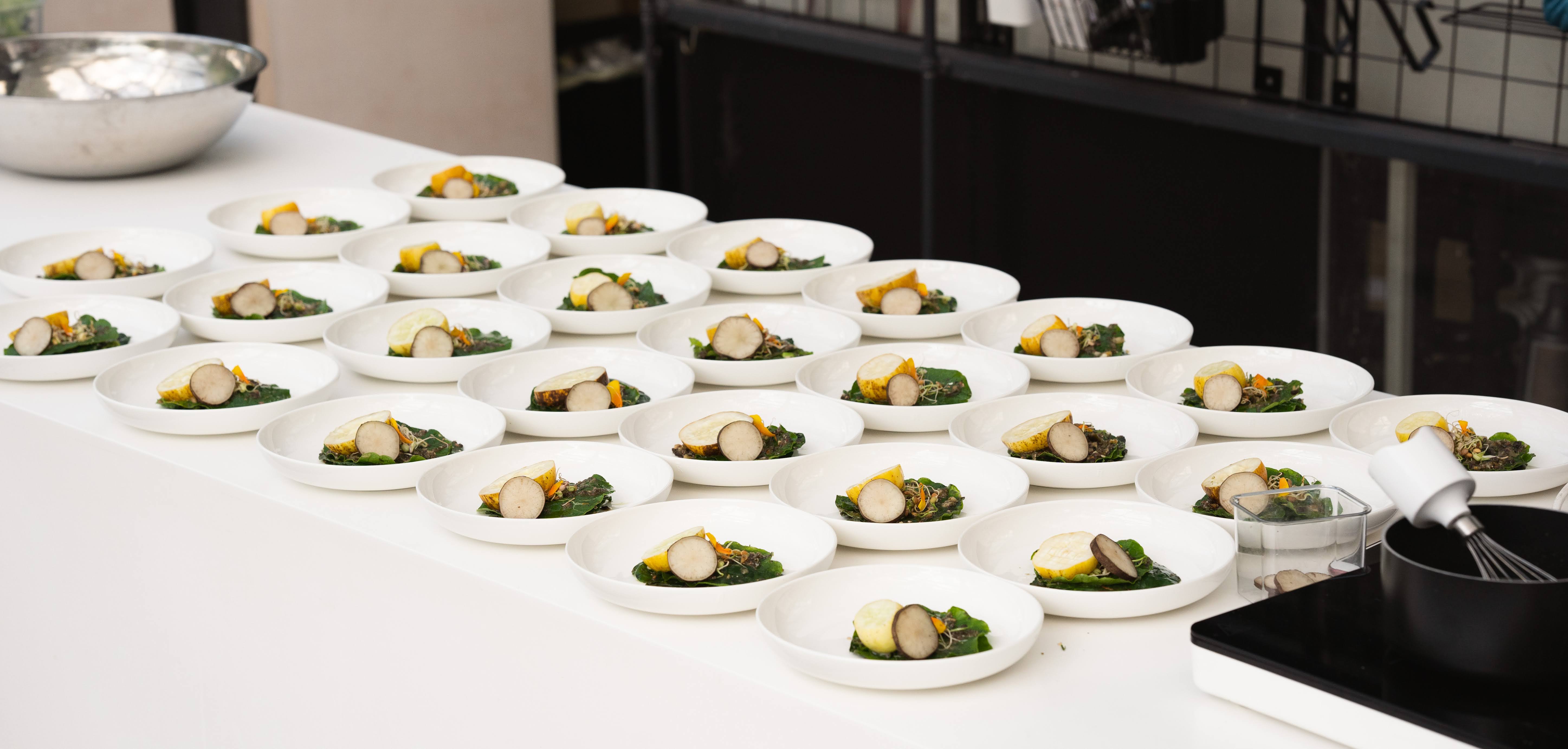 Omved Gardens glasshouse with elegant plated dishes for events and dining experiences.