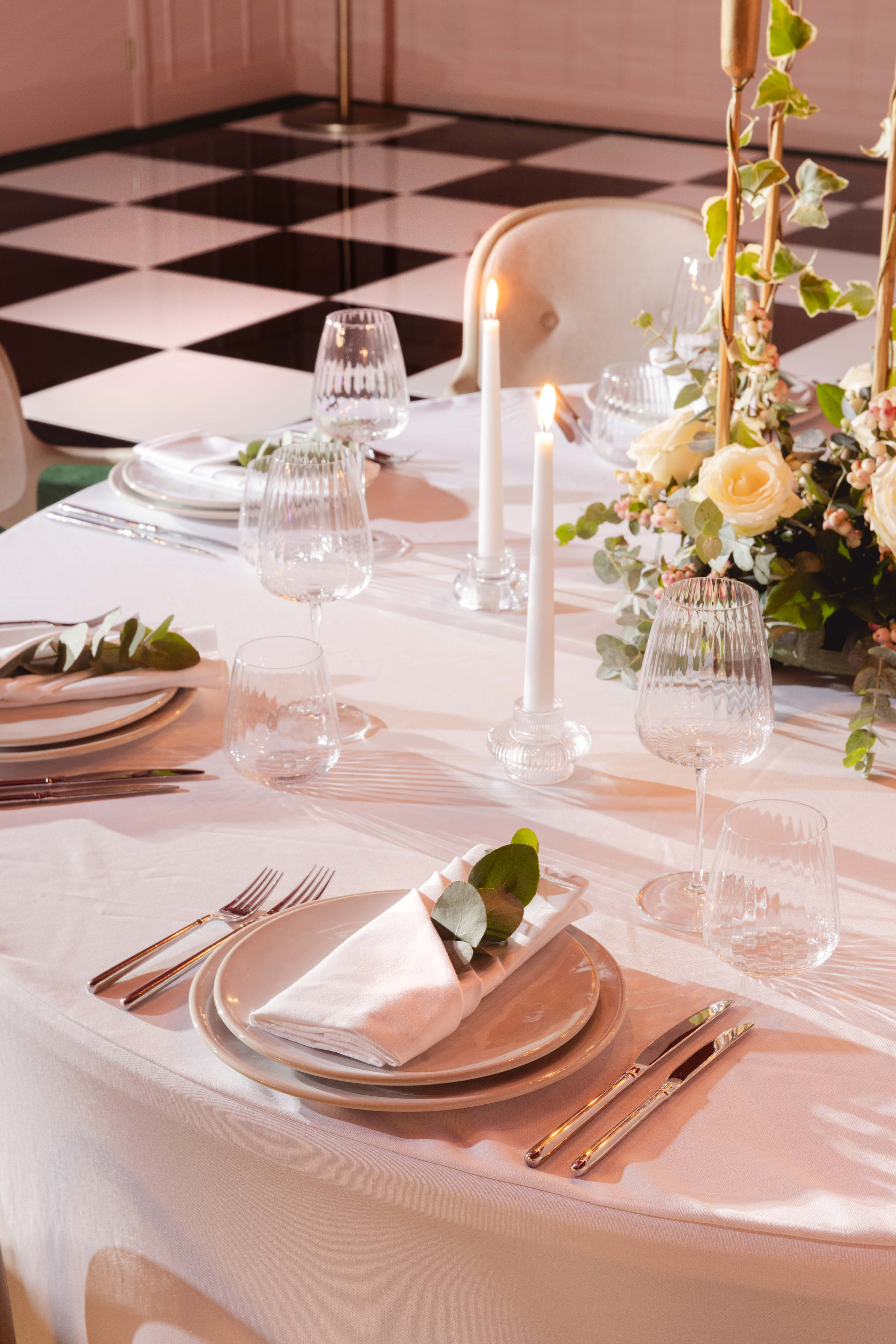 Elegant dining table setup in Creative Room 1, perfect for weddings and corporate events.