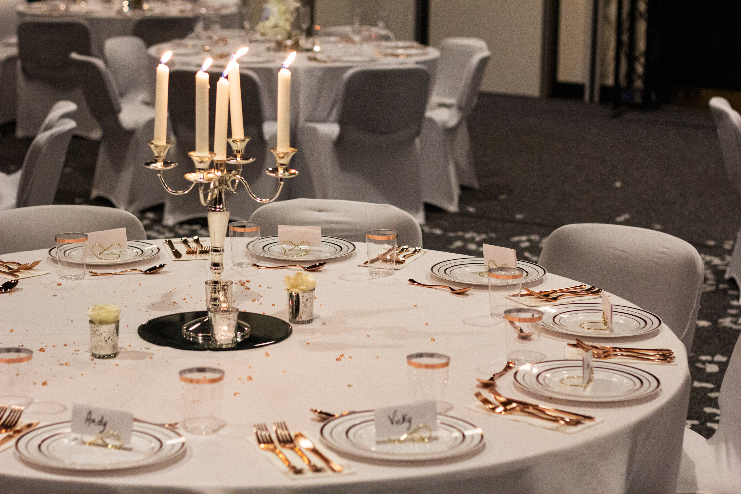 Elegant dining setup in Black Box Theatre for formal events and galas.