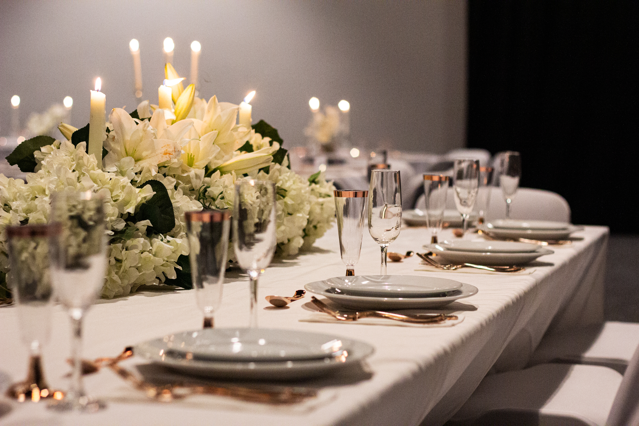 Elegant banquet table in Black Box Theatre, perfect for weddings and corporate events.