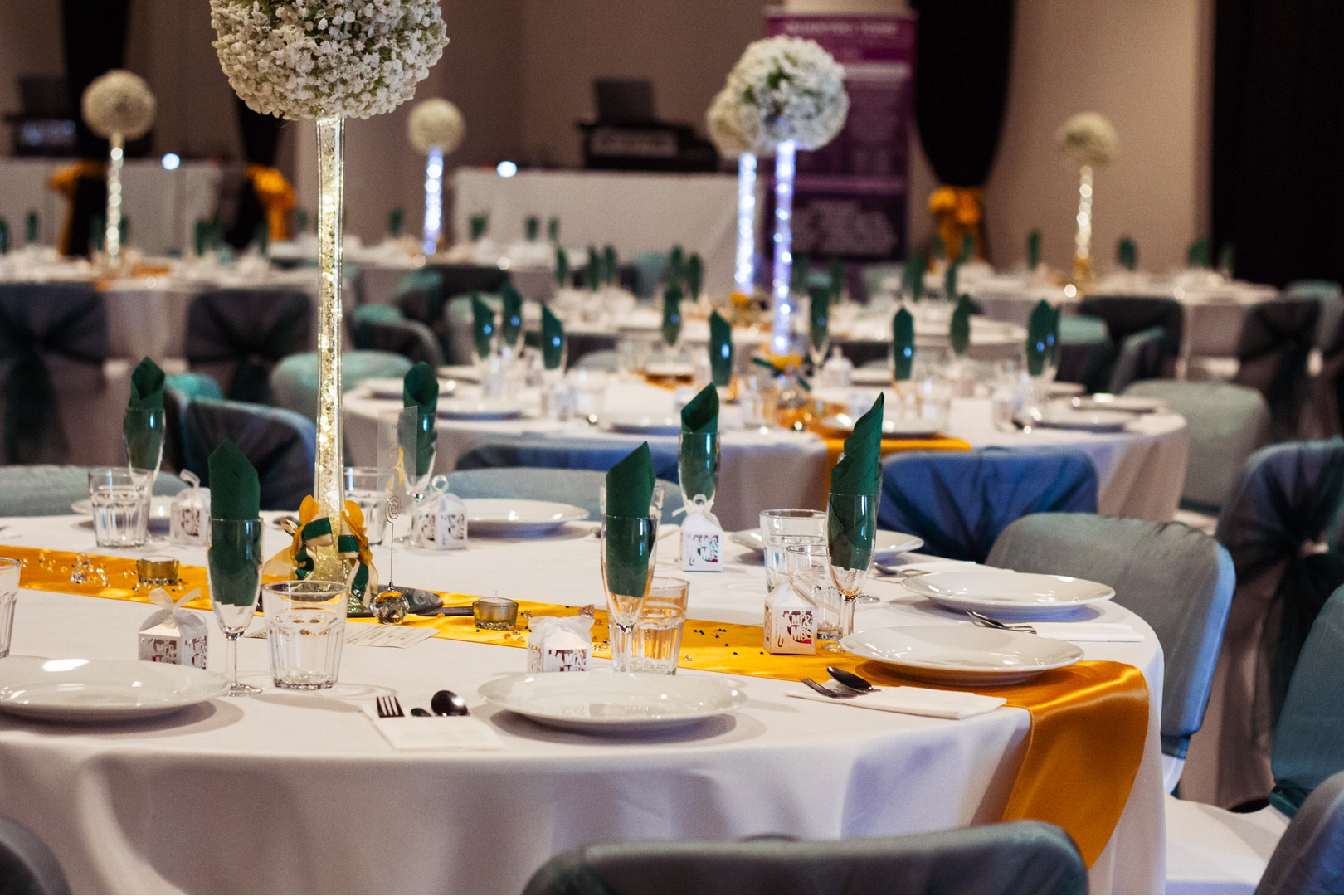 Elegant banquet hall in Black Box Theatre, perfect for formal events and gatherings.