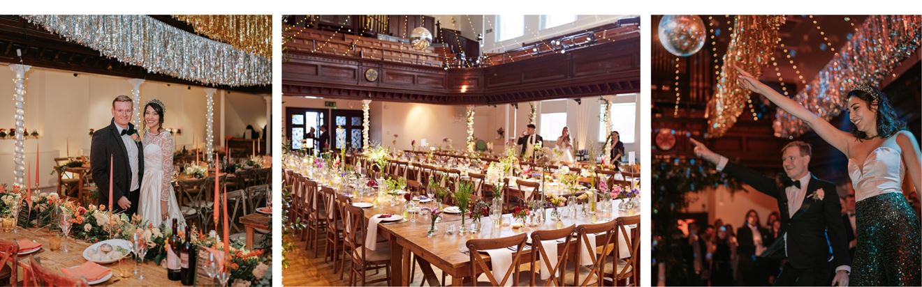 Elegant wedding venue with floral centerpieces in The Amadeus' Lower Hall.