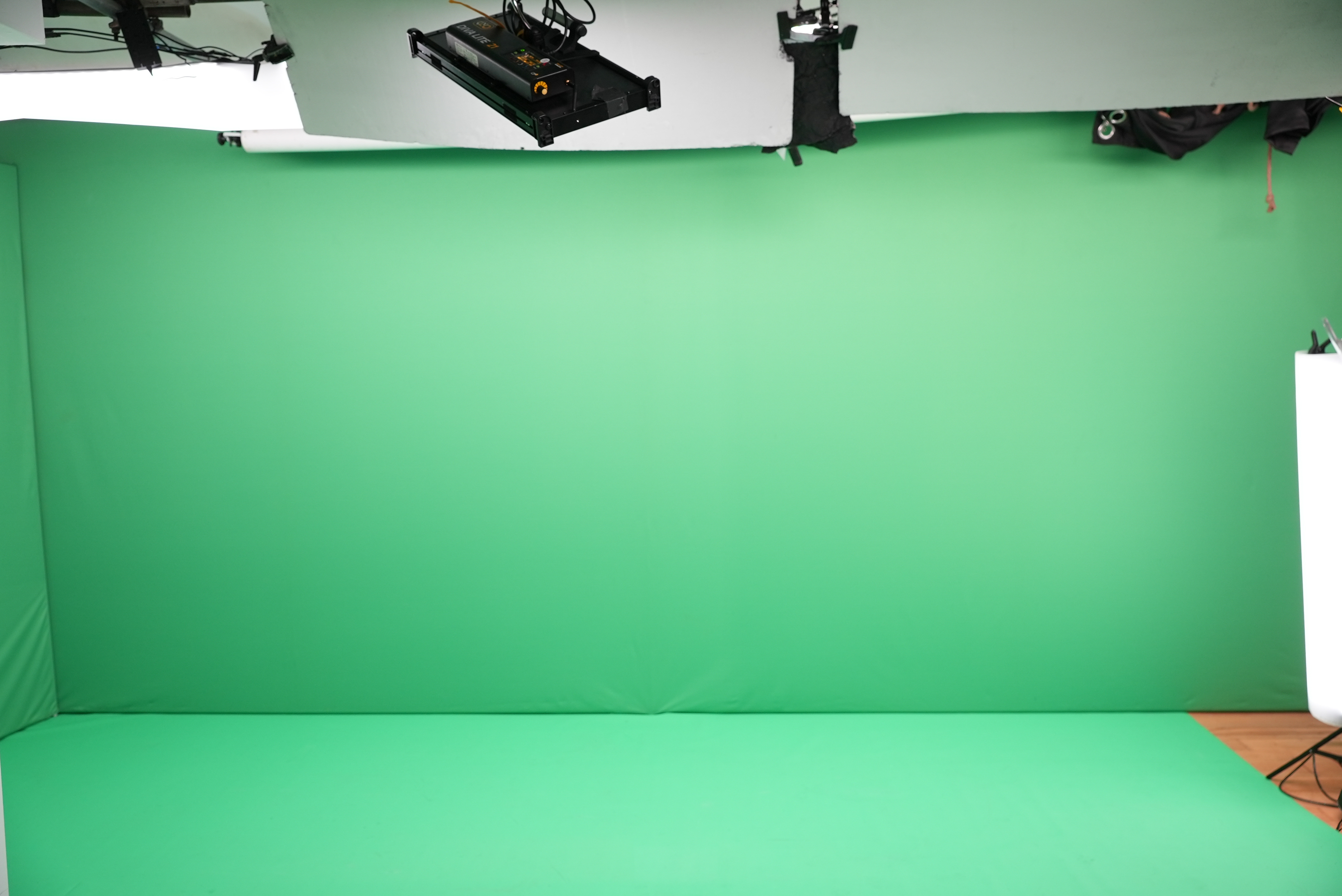 Green screen setup at Peckham Studio for virtual events and hybrid meetings.
