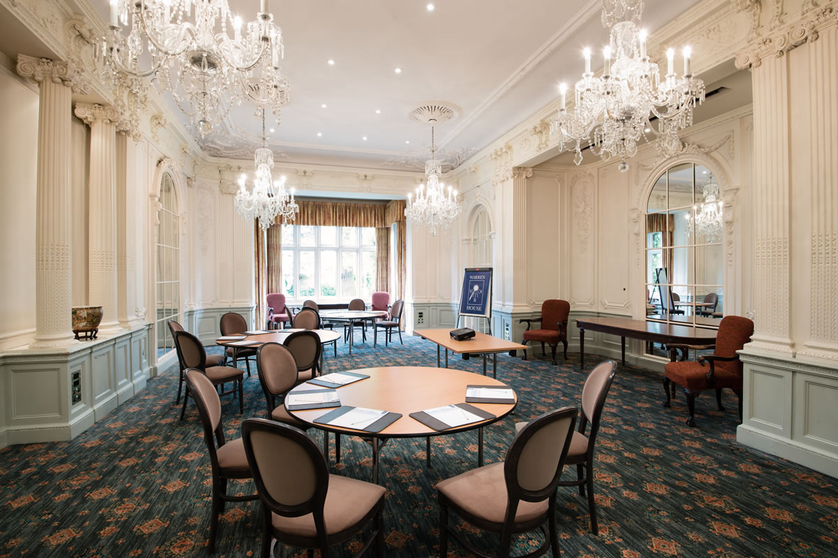 Edwardian Ballroom at Warren House Hotel with elegant chandeliers for meetings and events.