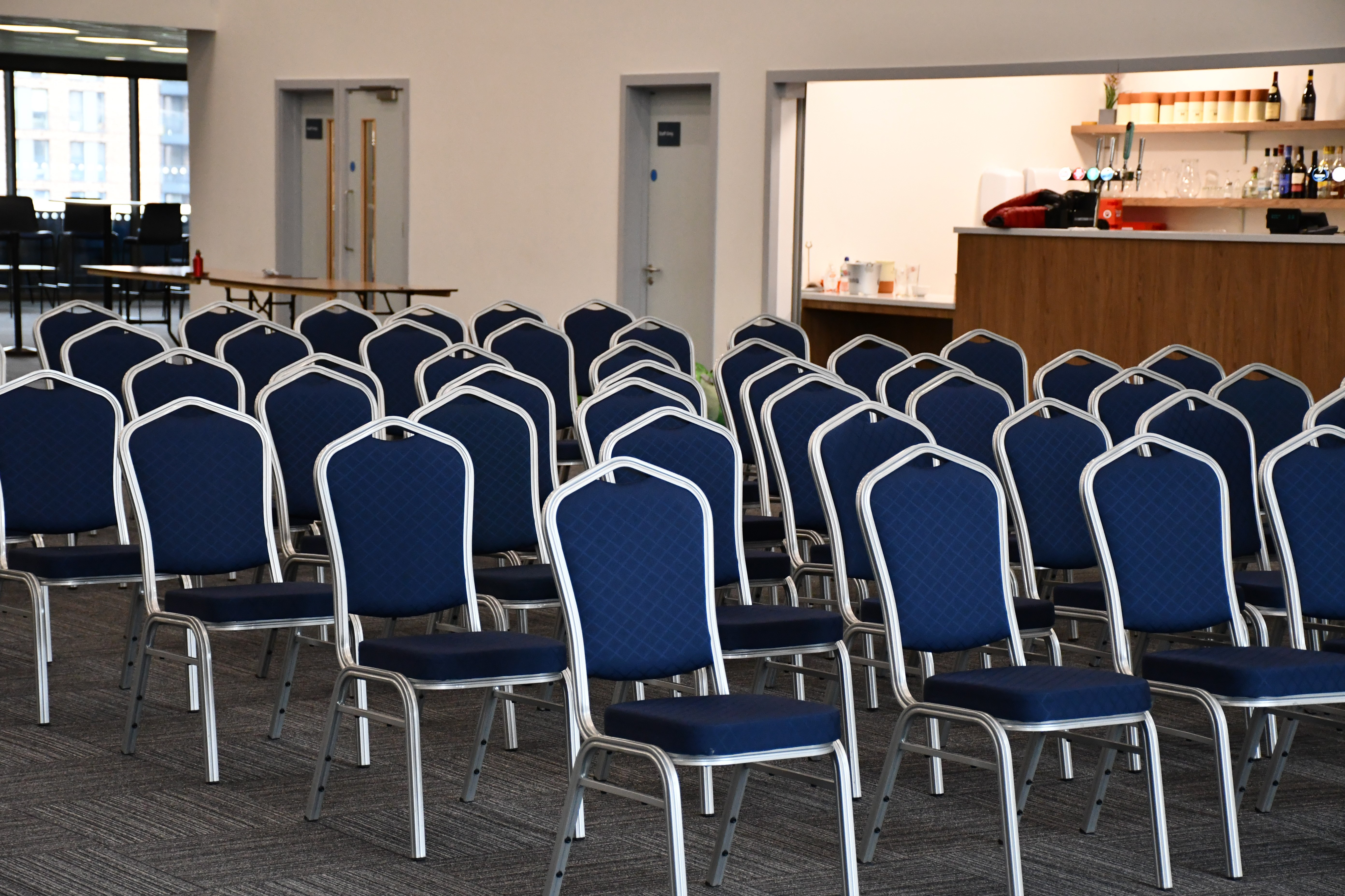 "Silver Lounge AFC Wimbledon: professional blue seating for conferences and workshops."