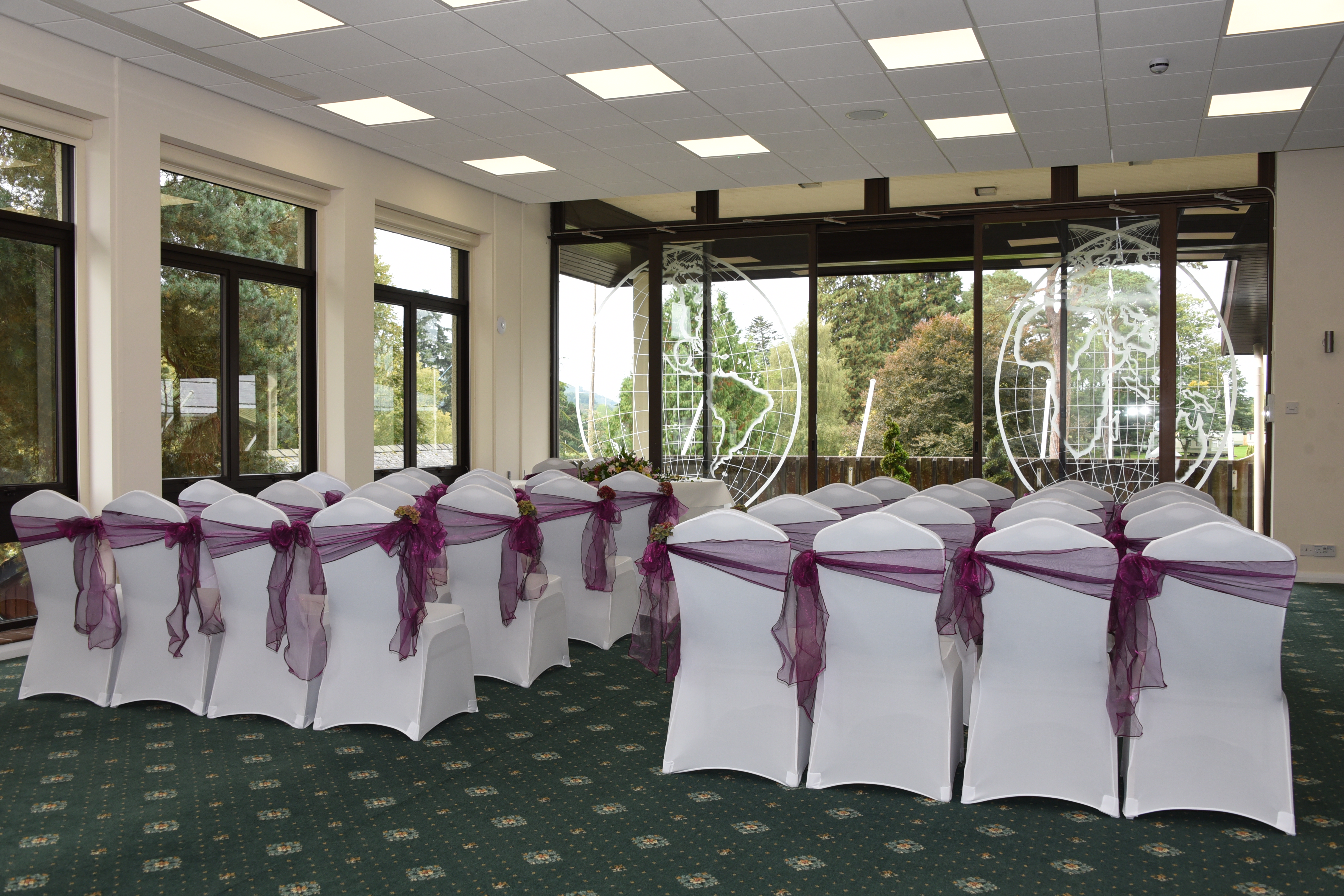 International Pavilion at Royal Welsh Showground with elegant chairs for weddings and corporate events.