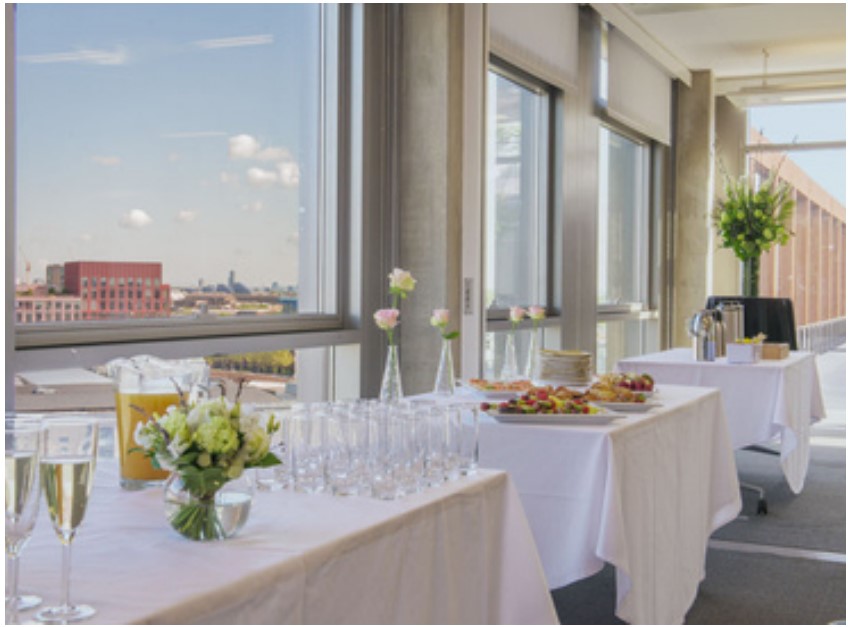 Combined meeting rooms with elegant decor for conferences and receptions at 5 Pancras Square.