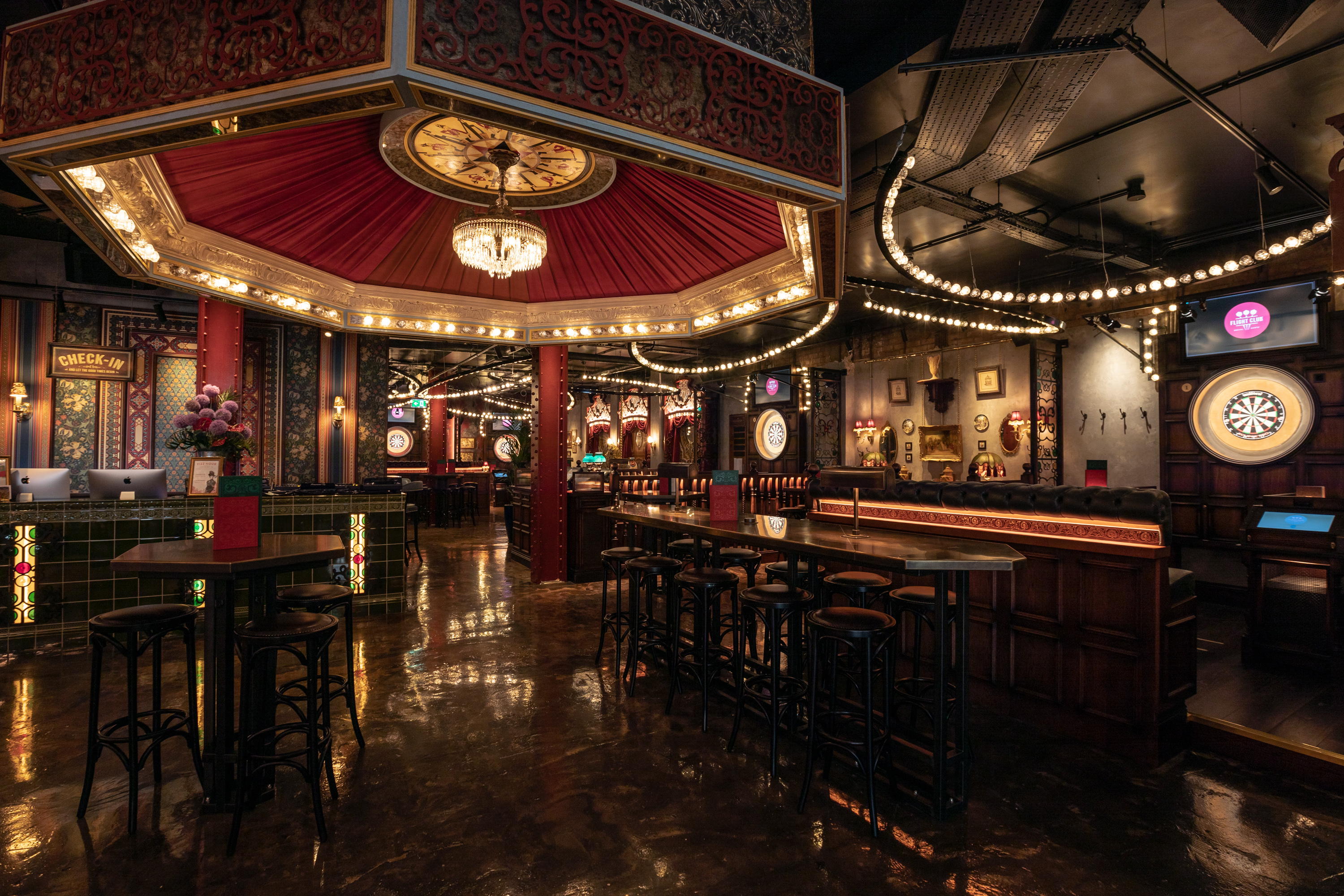 Full Venue at Flight Club Birmingham with vibrant decor, ideal for events and gatherings.