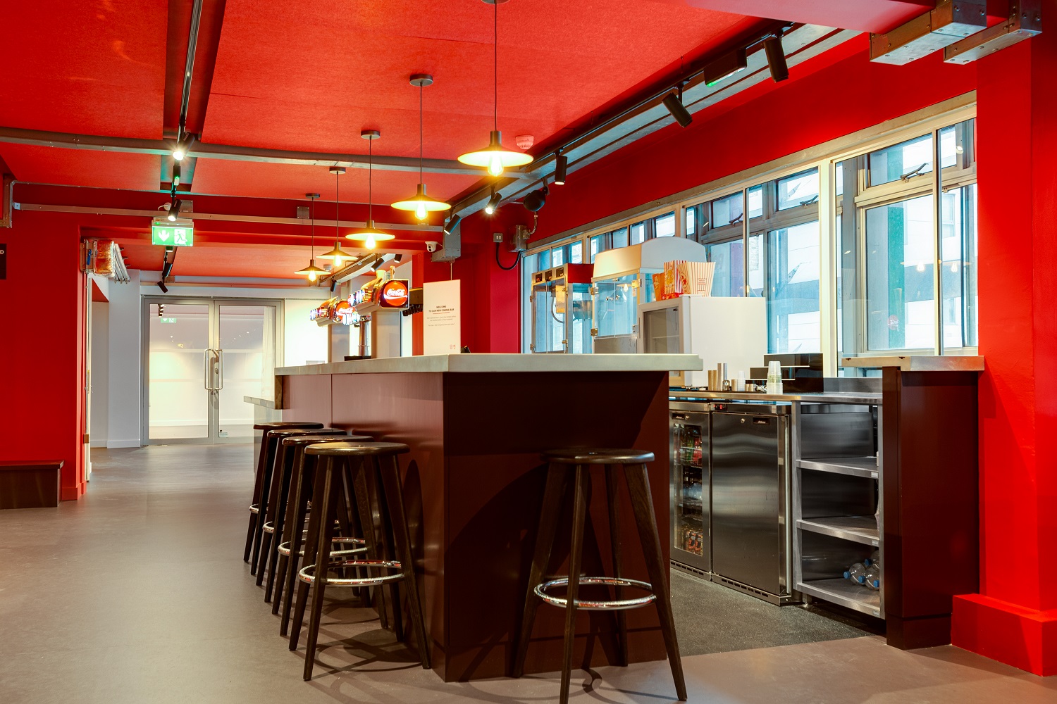 Modern Cinema Bar in Rich Mix with sleek bar, ideal for networking events and cocktail receptions.