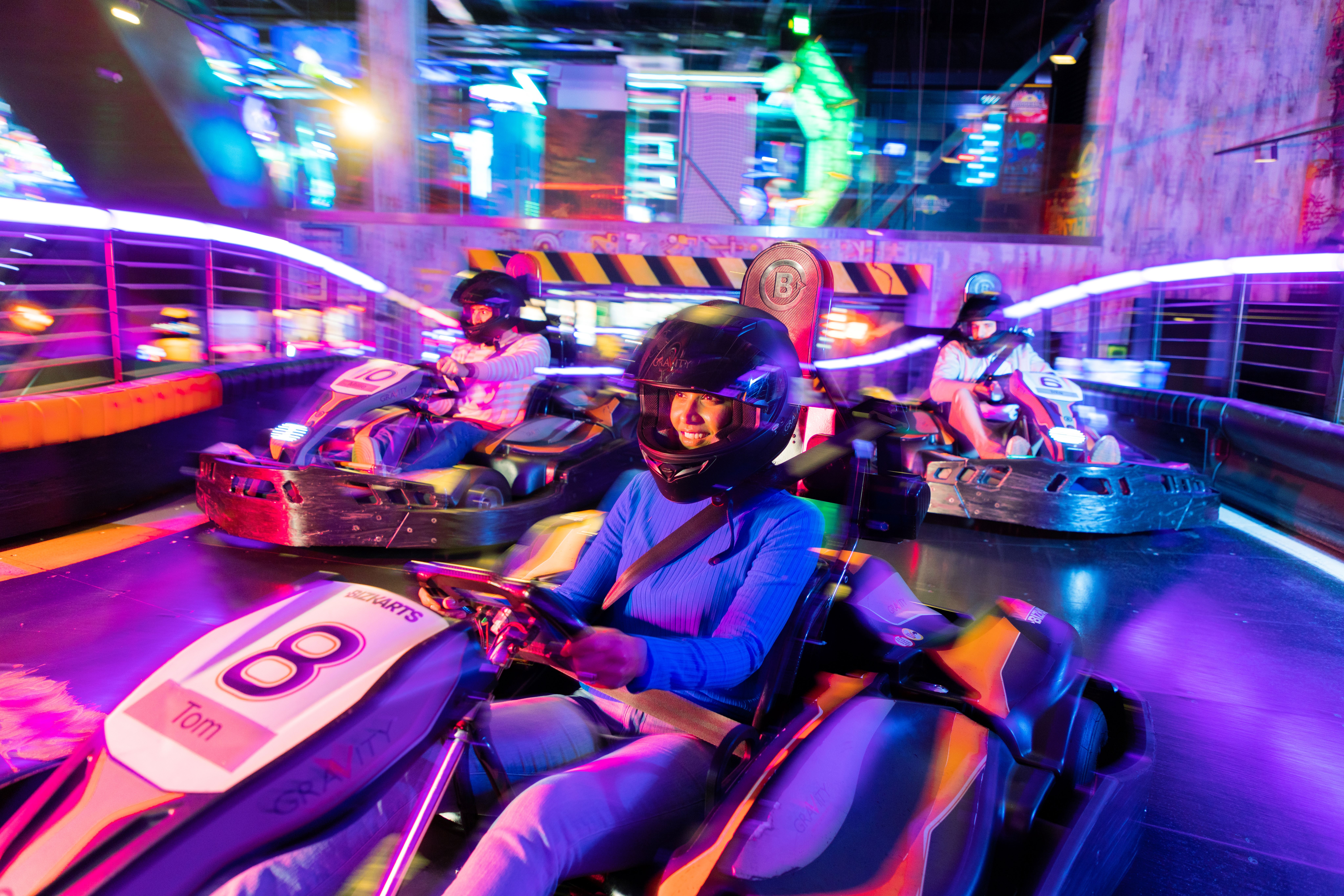 Indoor go-karting venue at Gravity MAX Wandsworth for team-building events.