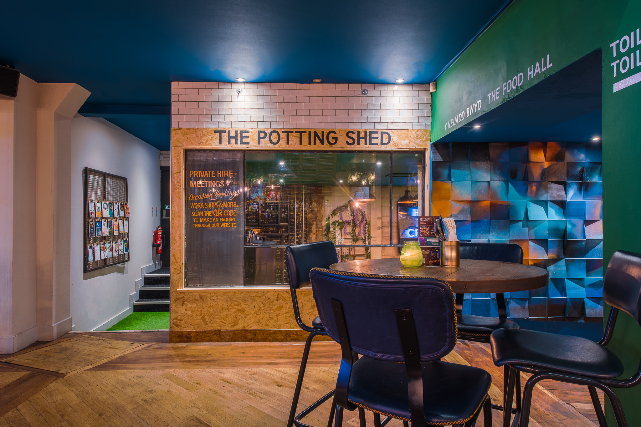 Vibrant Potting Shed event space in Swansea, perfect for meetings and social gatherings.