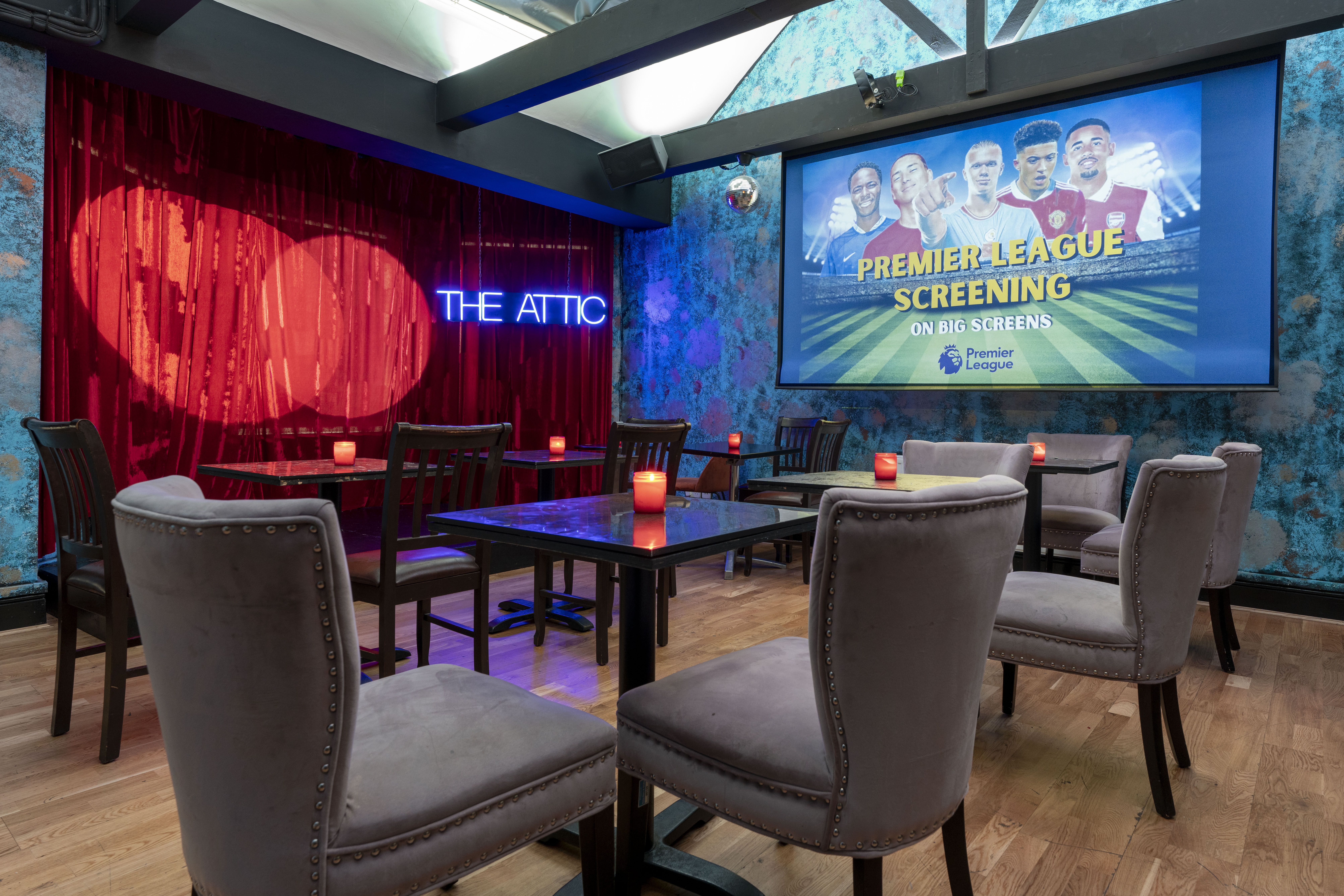 Attic in Zebrano Soho: modern event space with vibrant decor for screenings and gatherings.