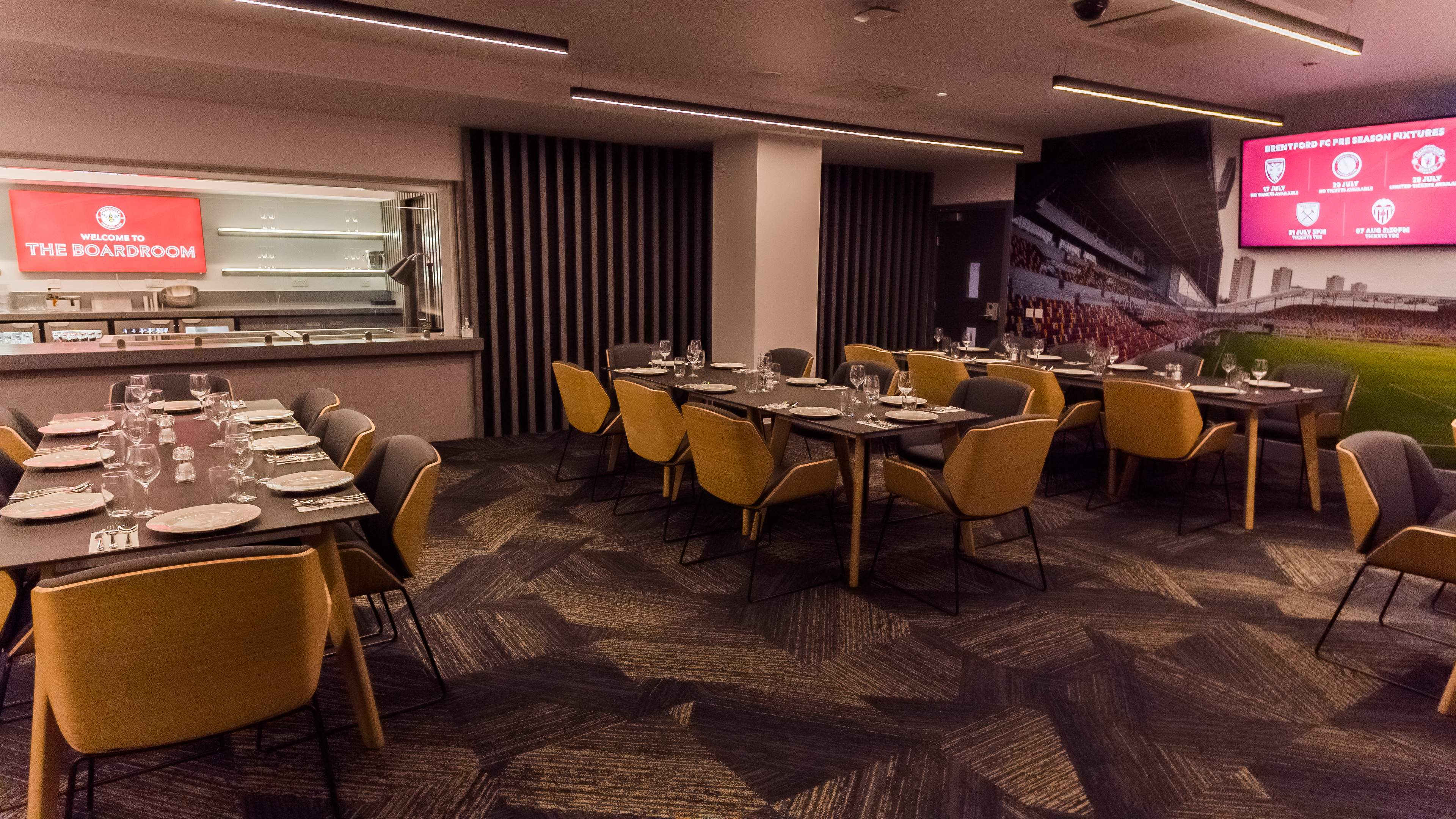 The Boardroom at Brentford FC: modern meeting space for corporate events and private dinners.