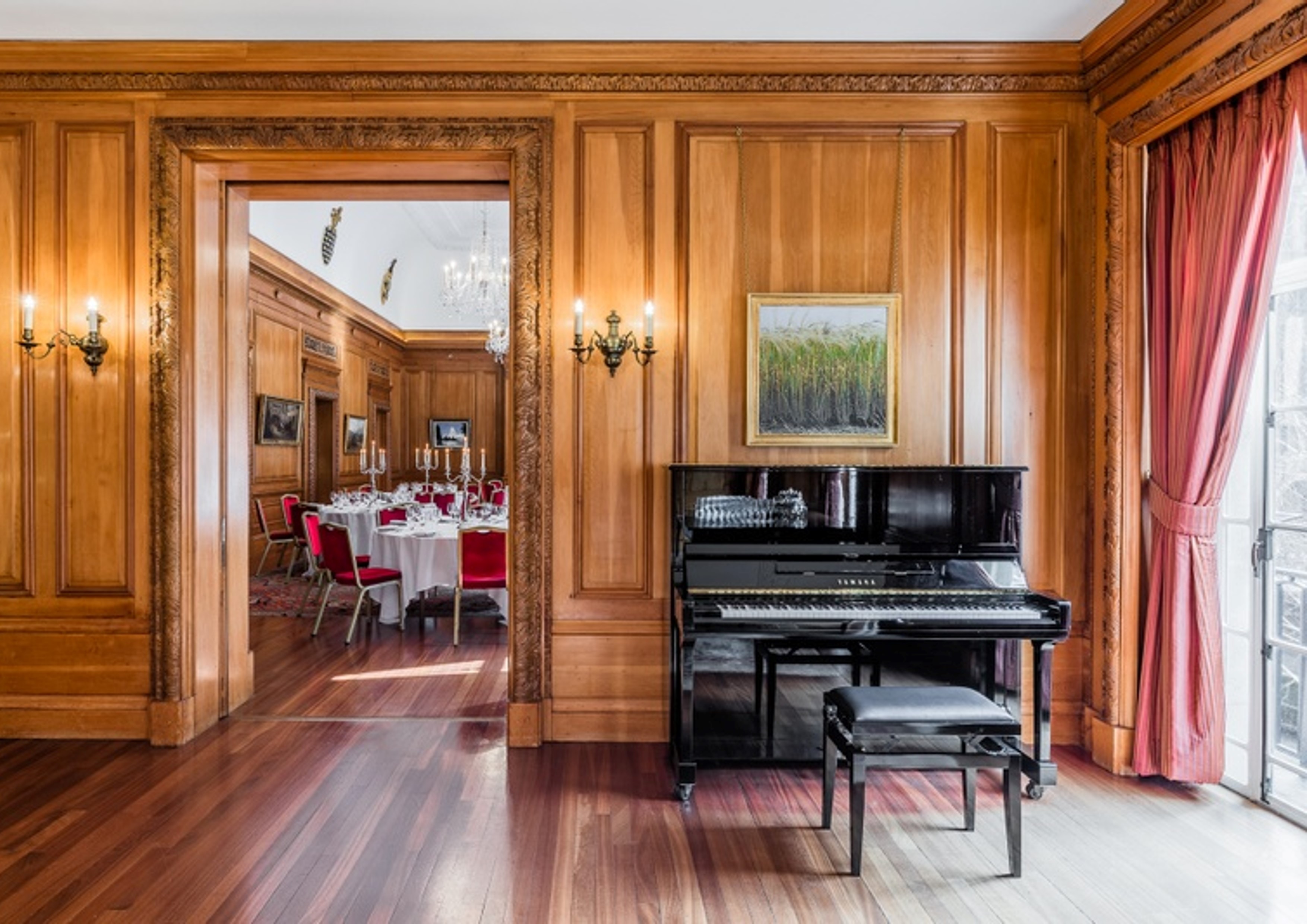 Elegant Brewers Hall venue with grand piano, perfect for upscale weddings and corporate events.