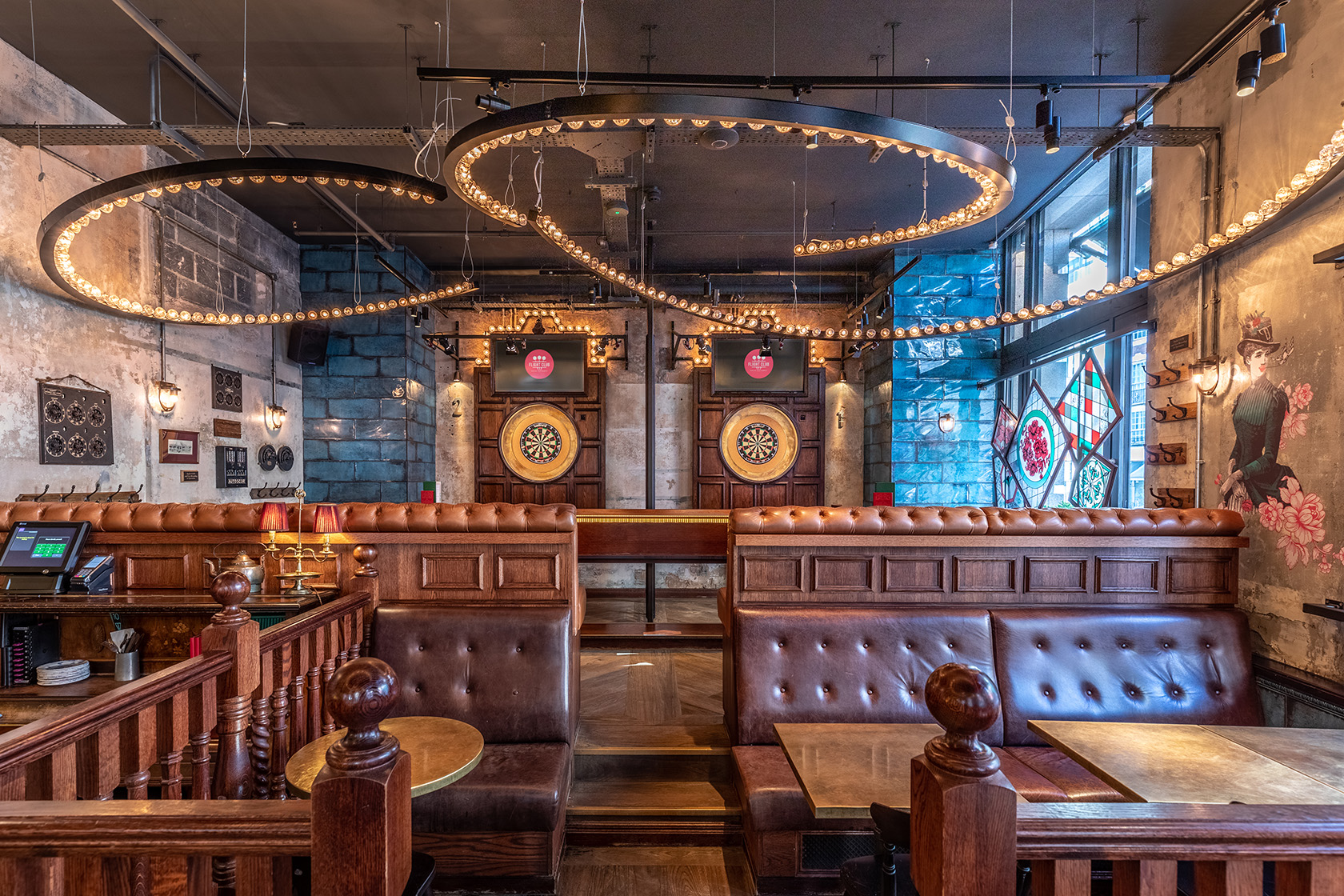 Full Venue Hire at Flight Club Shoreditch with leather seating for events and gatherings.