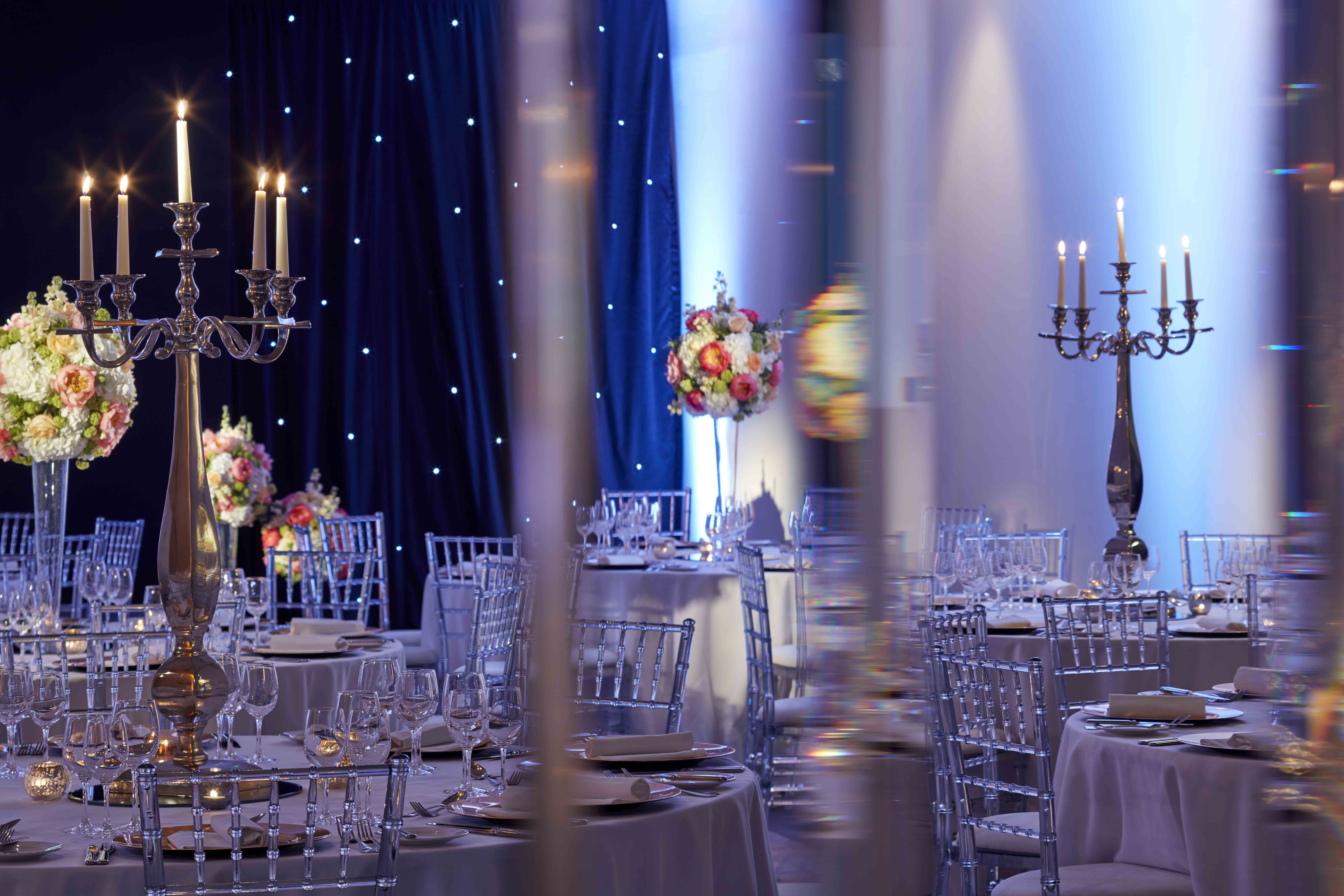 Tavistock Bloomsbury banquet: elegant chairs, candelabras, gala, wedding.