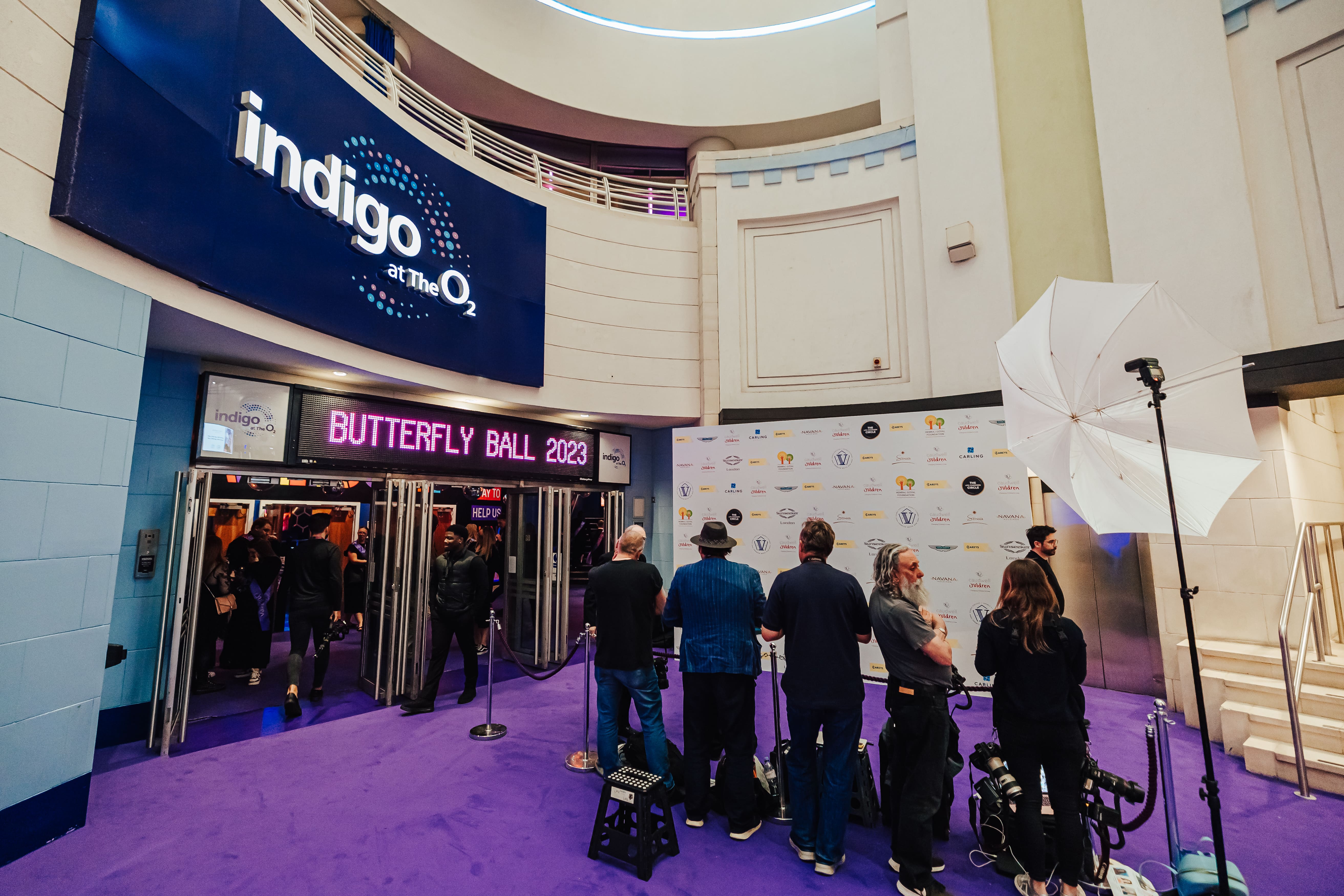 Vibrant purple carpet at Indigo O2 for a high-profile gala event entrance.