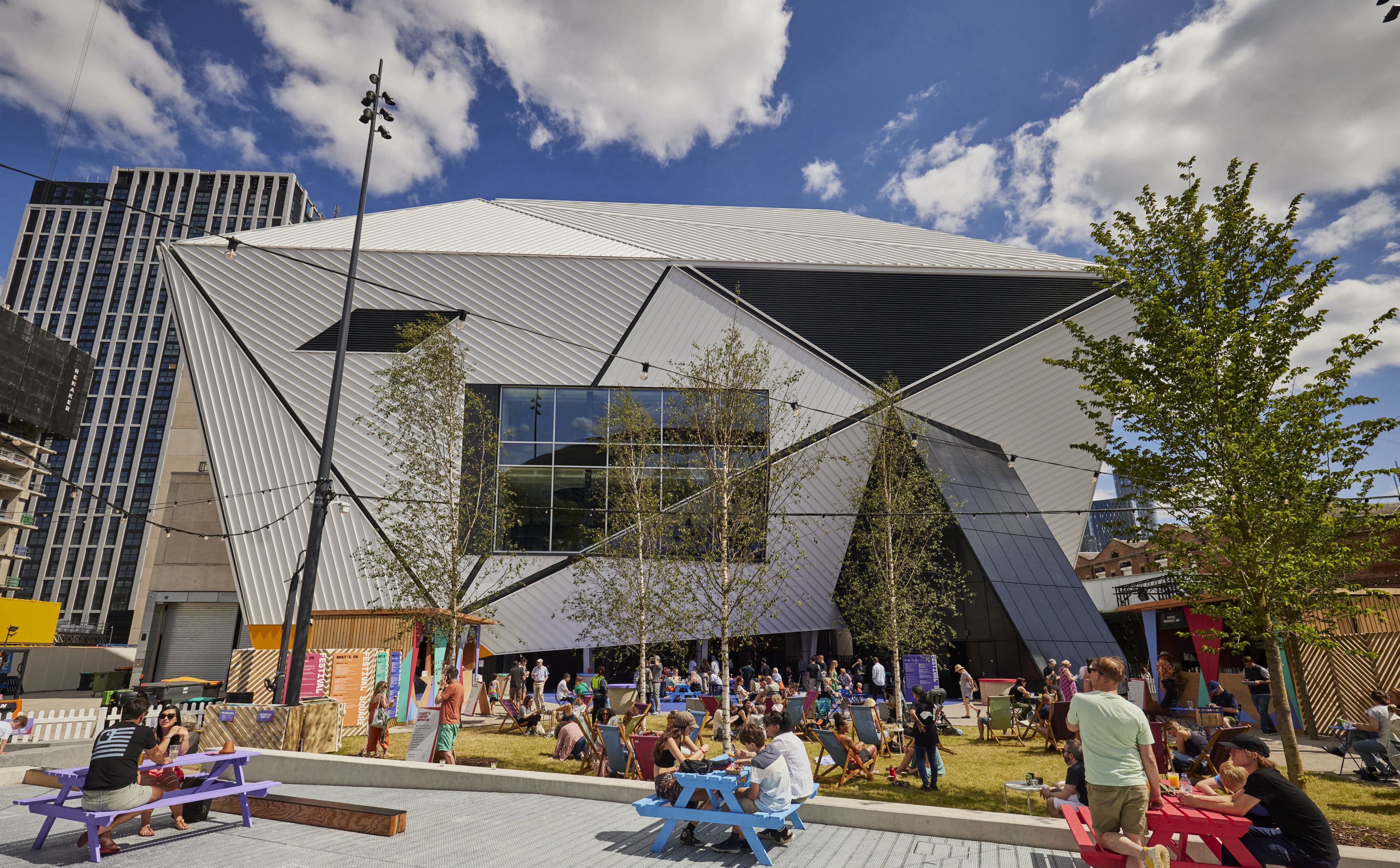 Modern Aviva Studios venue with vibrant outdoor space for events and gatherings.