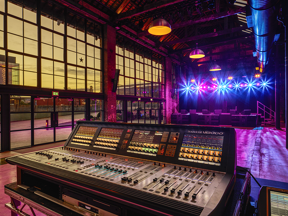 Main Event Space in Boiler Shop with soundboard, ideal for conferences and concerts.