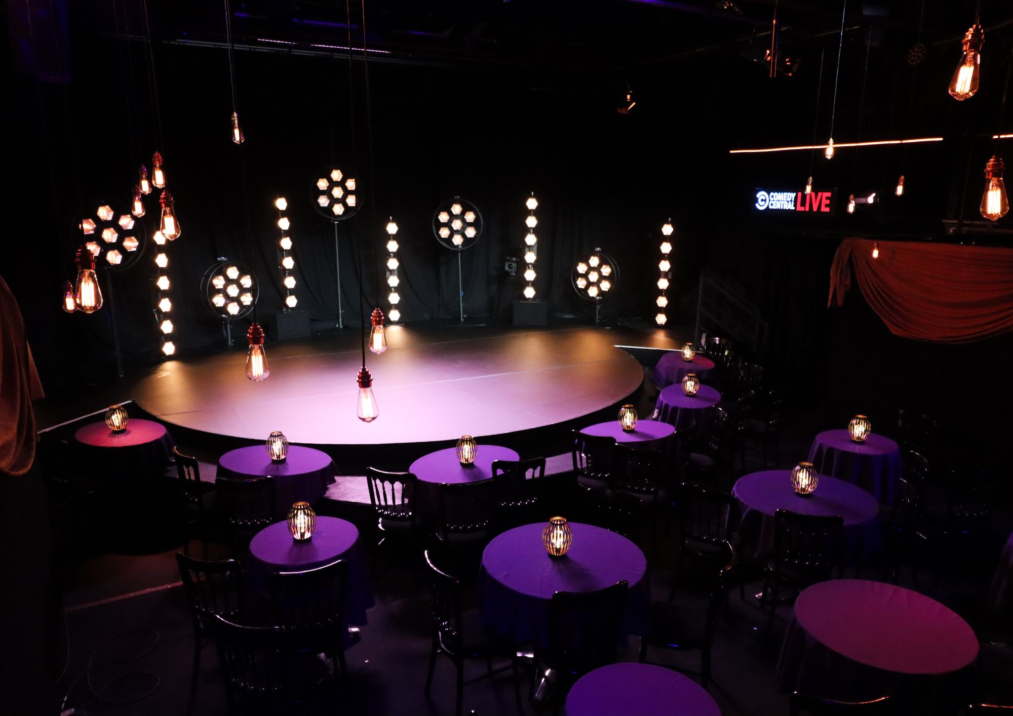 Main House at Pleasance Theatre, circular stage, ideal for performances and networking events.