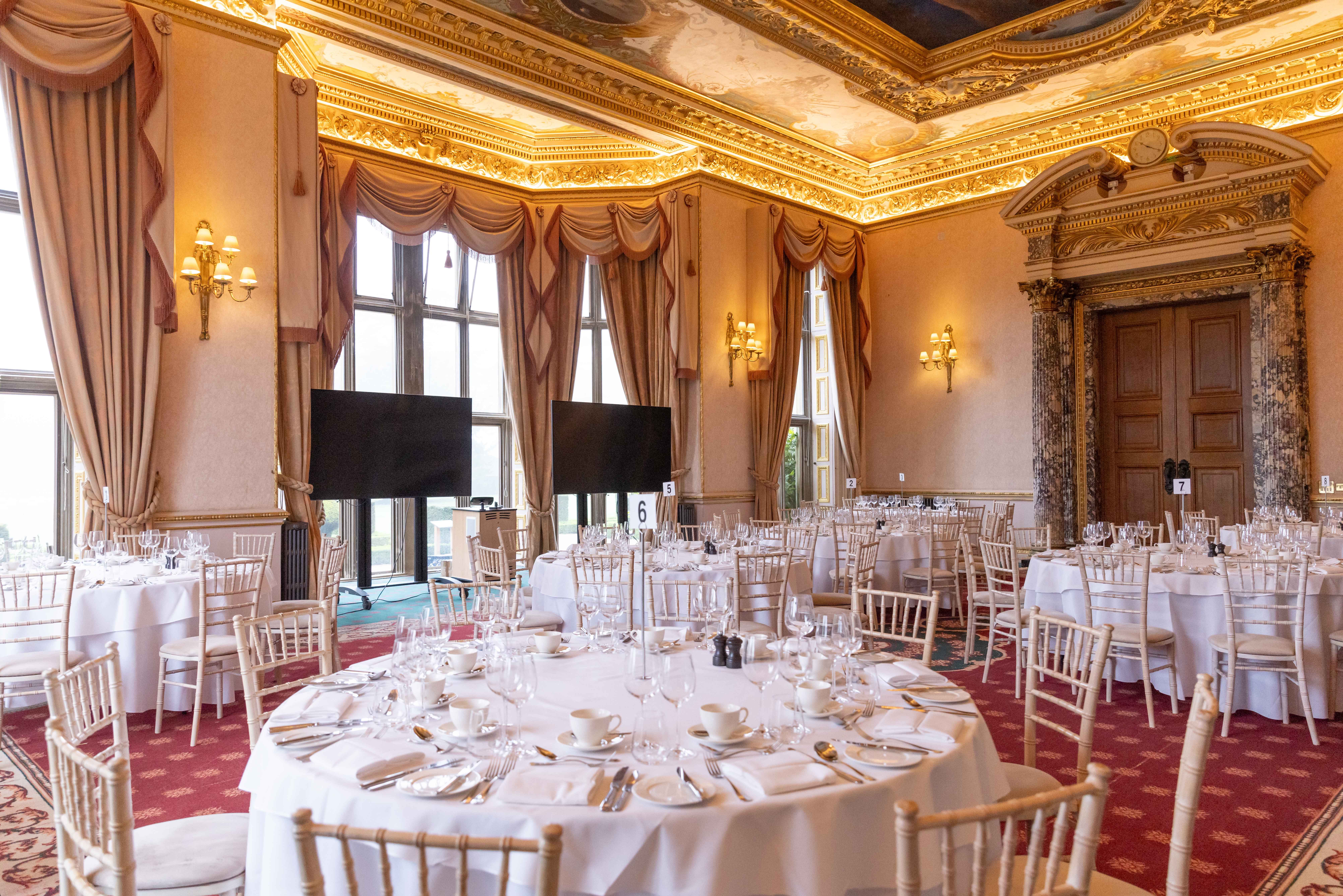 Lady Marian Alford at an Ashridge House ballroom gala for corporate dinner and incentive events.