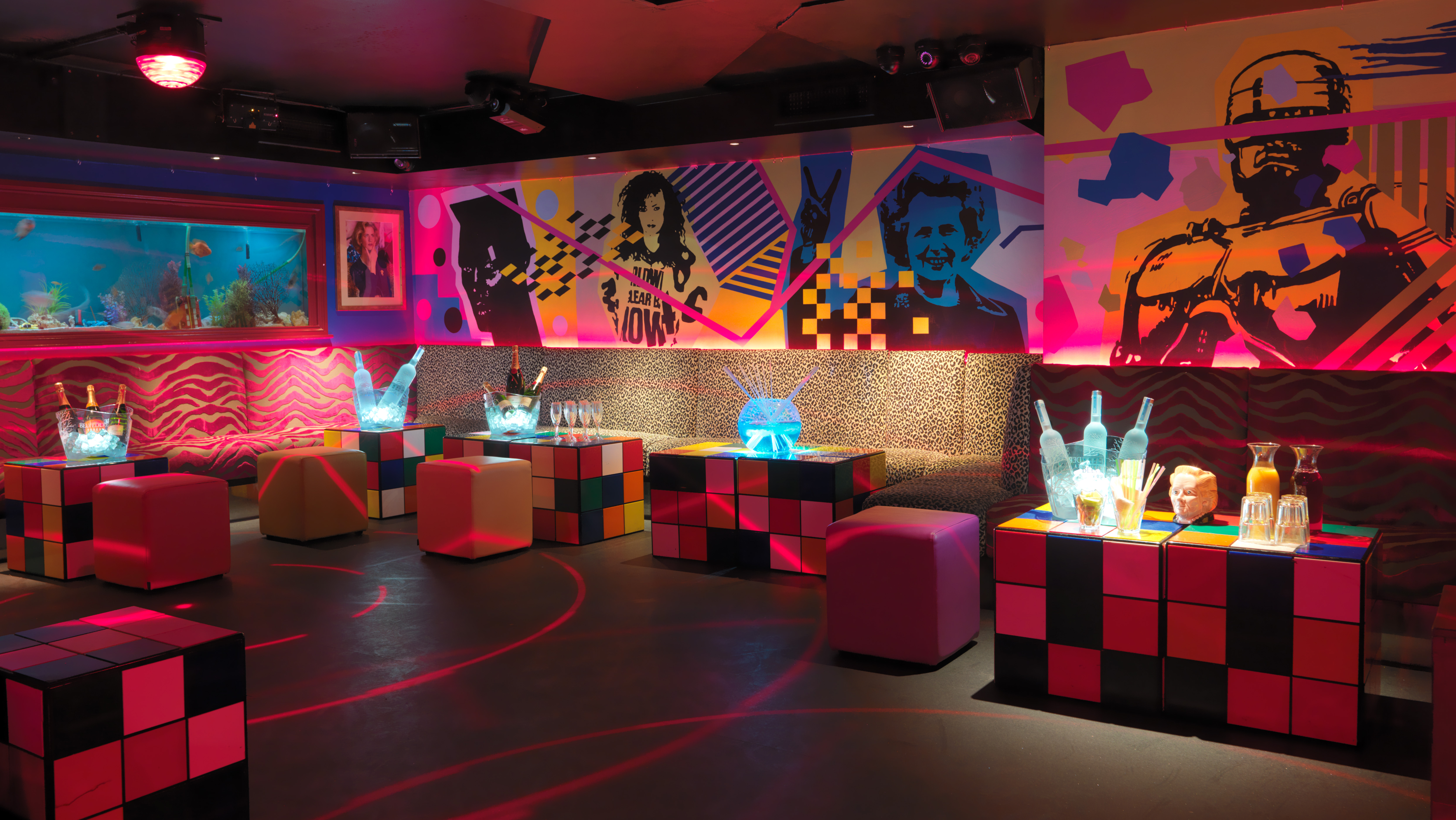 Vibrant event space with artistic murals for creative gatherings and themed parties.