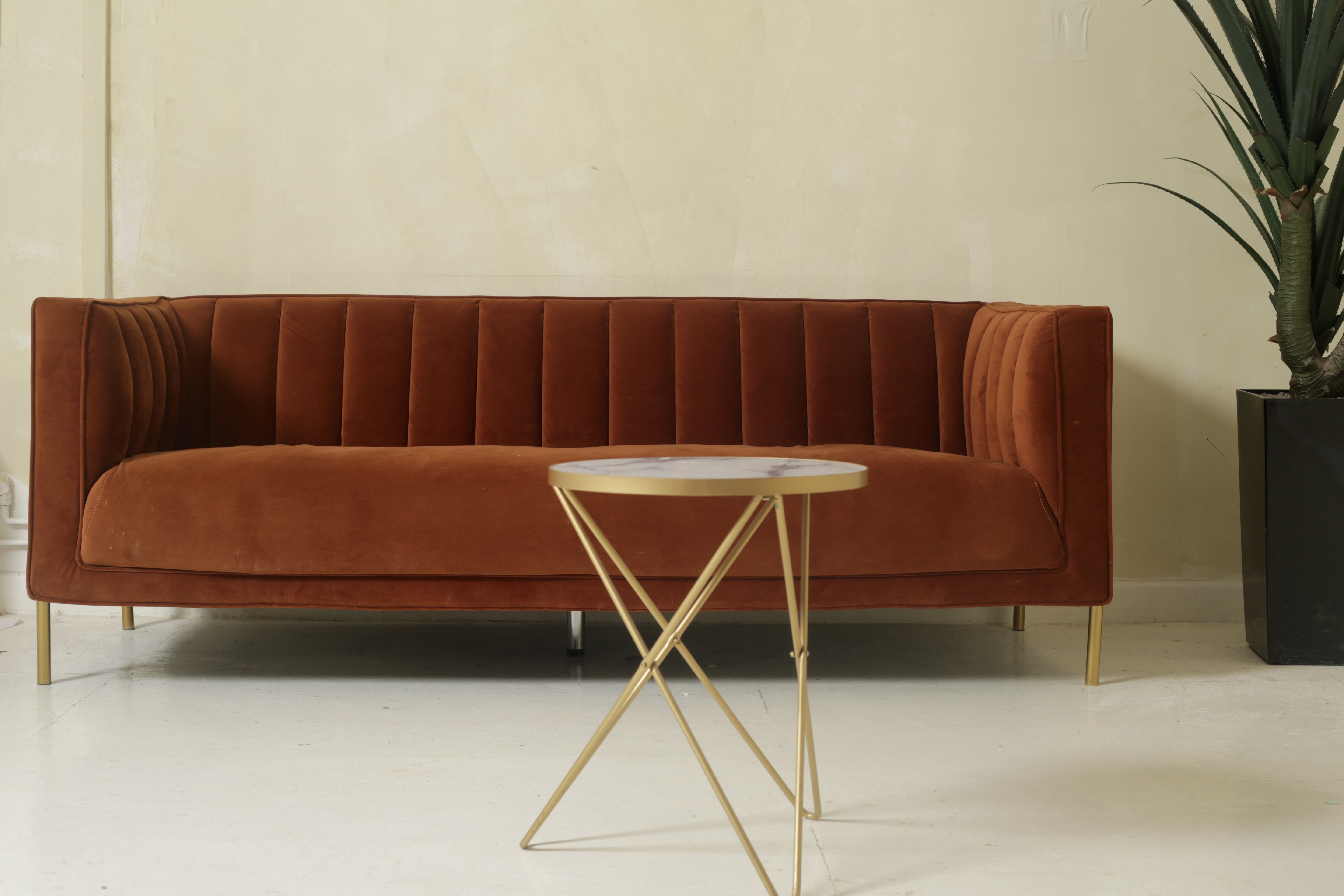 Stylish rust-colored velvet sofa in modern meeting room for networking events.