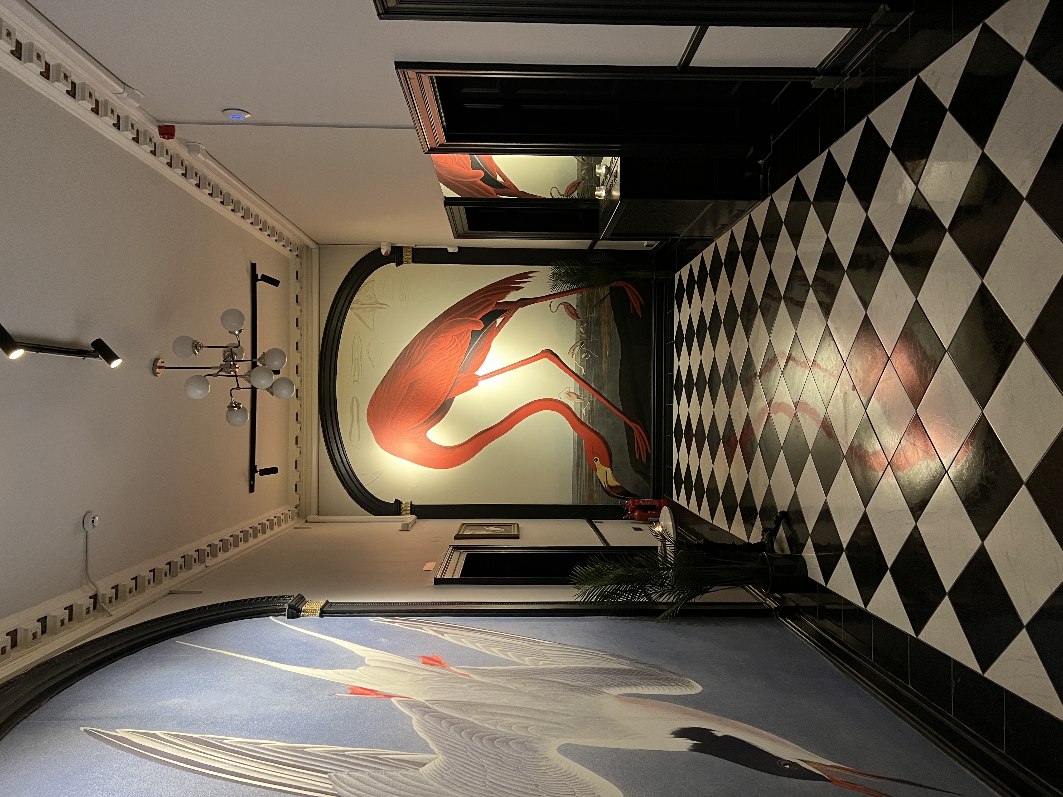 "Royal Institution Bar hallway with flamingo mural, perfect for networking events."