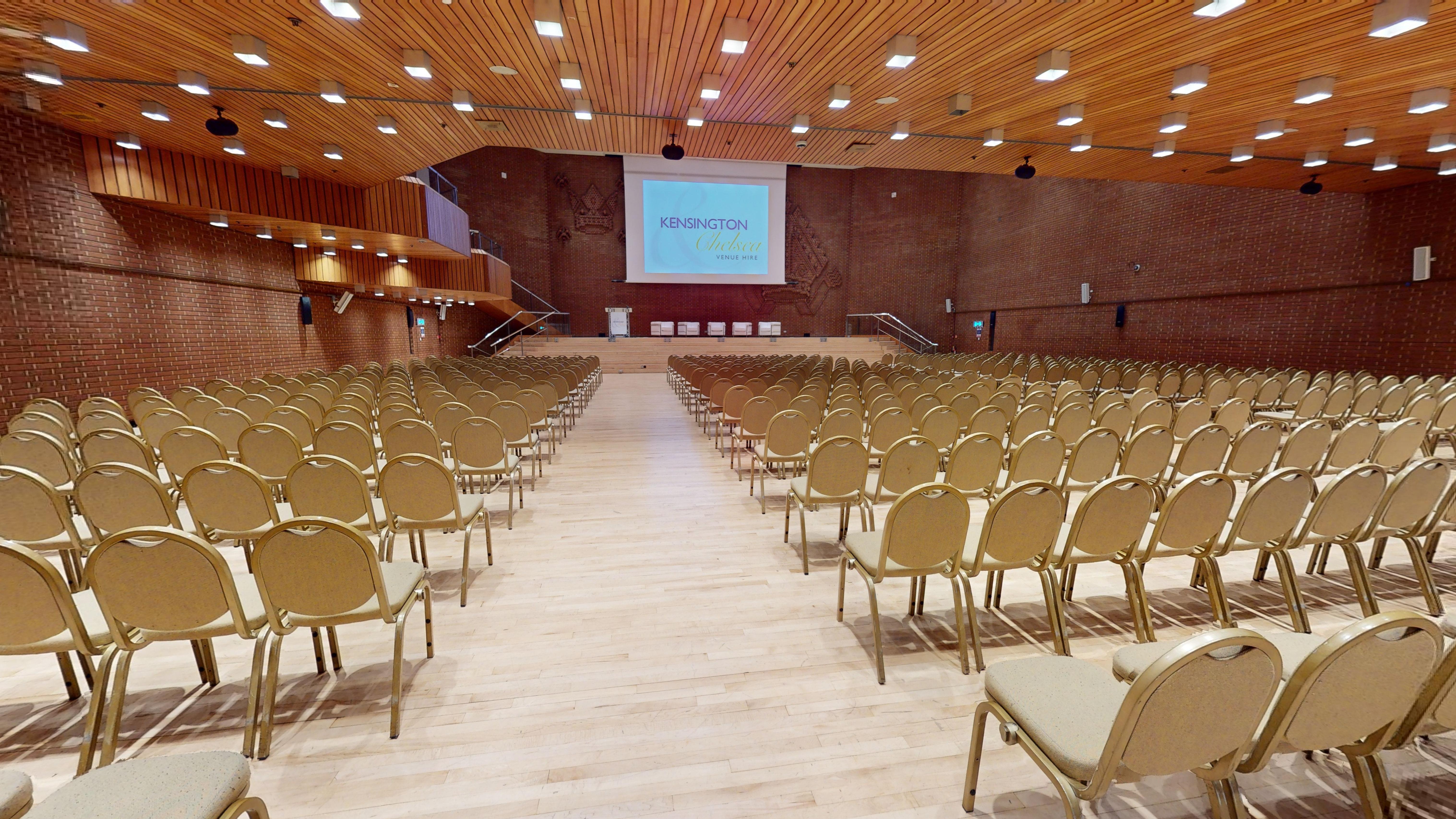 Great Hall, Kensington Centre: spacious conference venue with wooden ceiling, ideal for seminars.