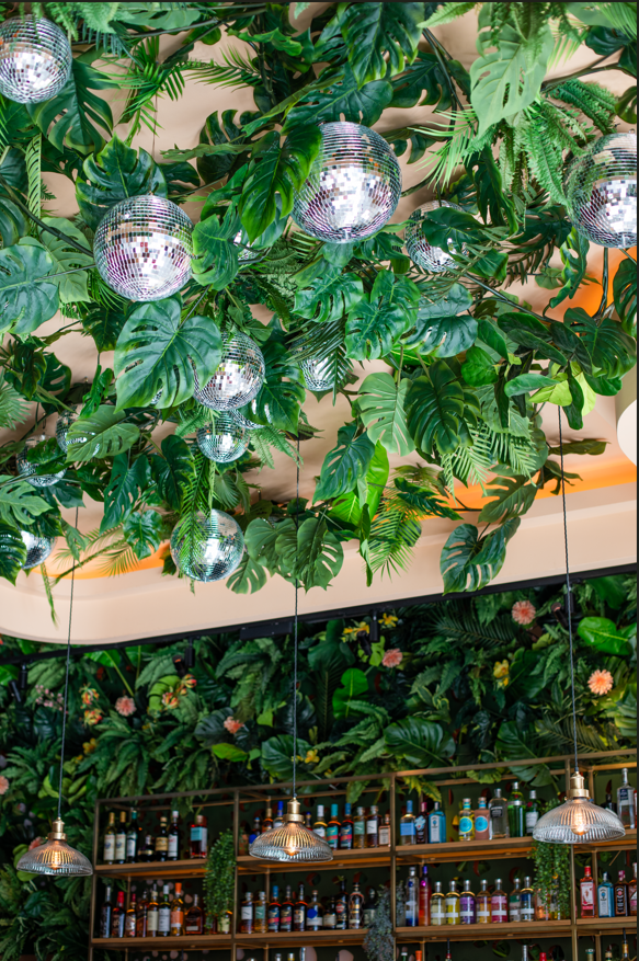 Lush greenery and disco balls in The Palm House for vibrant events and parties.