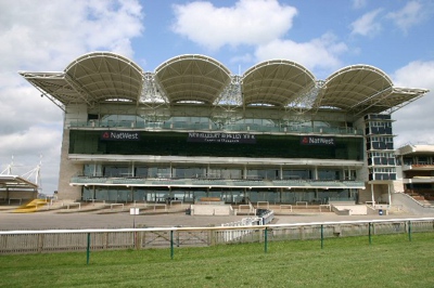Newmarket Racecourse grandstand, modern venue for corporate events and gatherings.