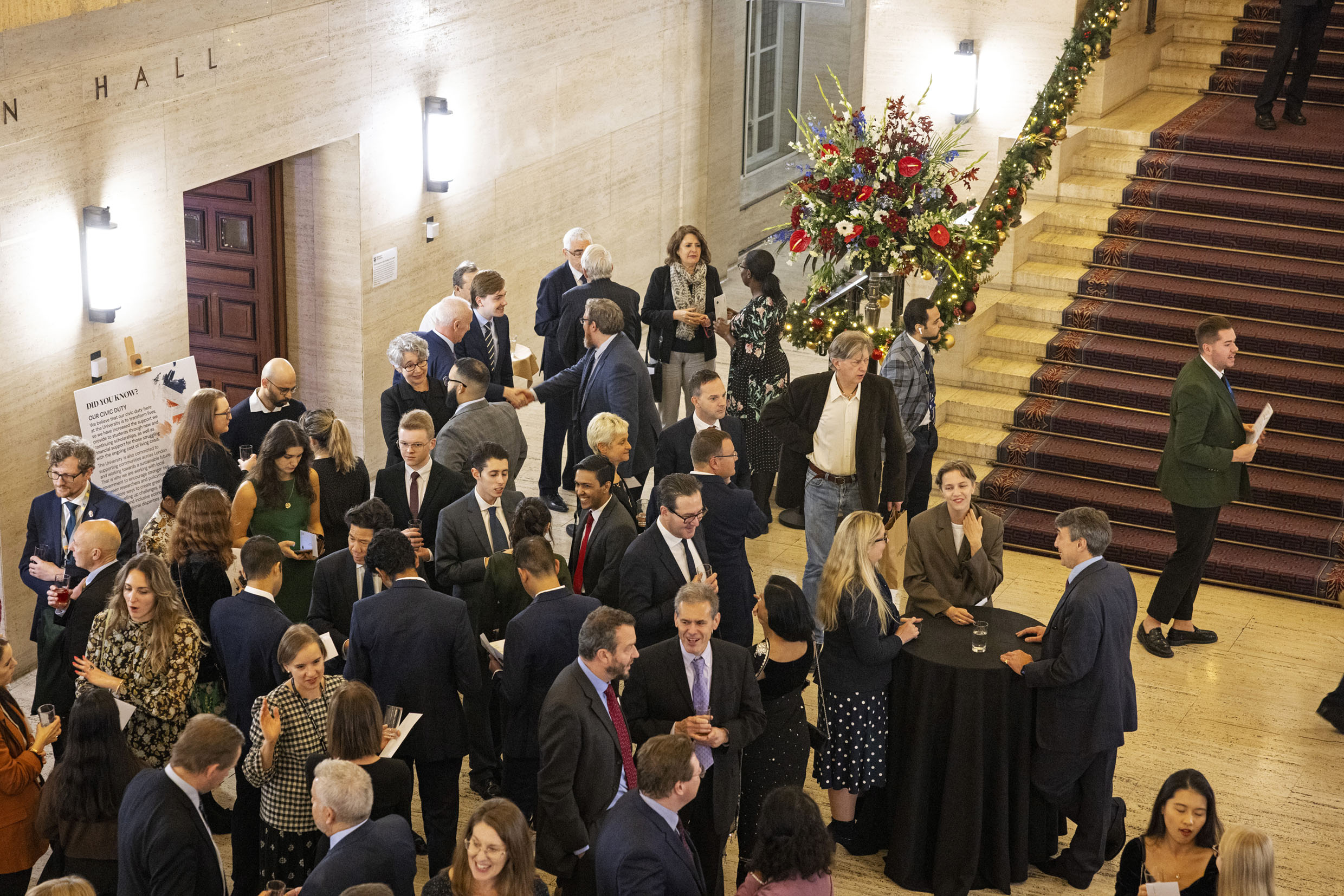 Senate House Christmas party at University of London, featuring festive decor and networking.