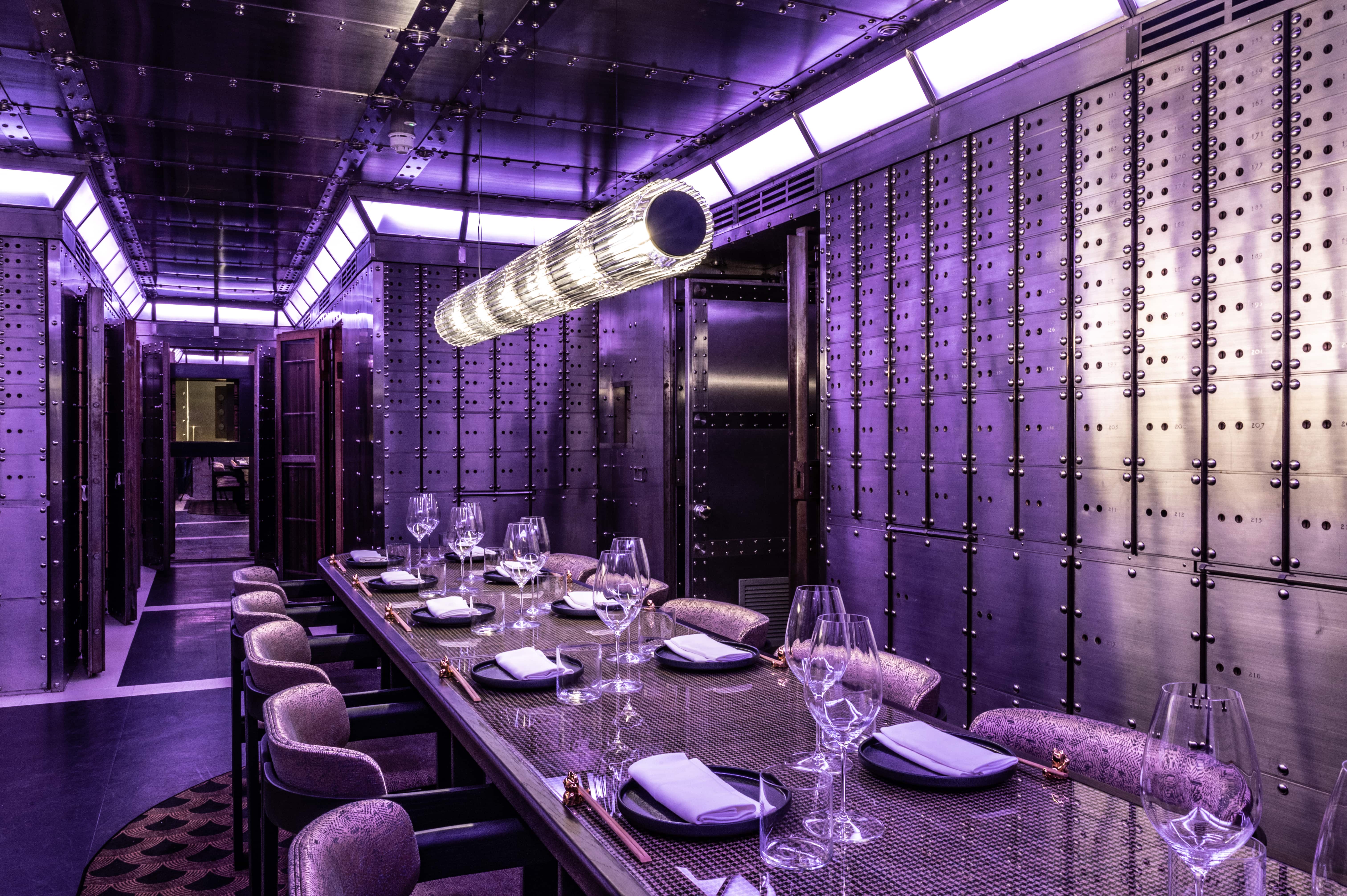 Sleek dining space in The Vault, Lucky Cat Manchester for exclusive events and corporate dinners.