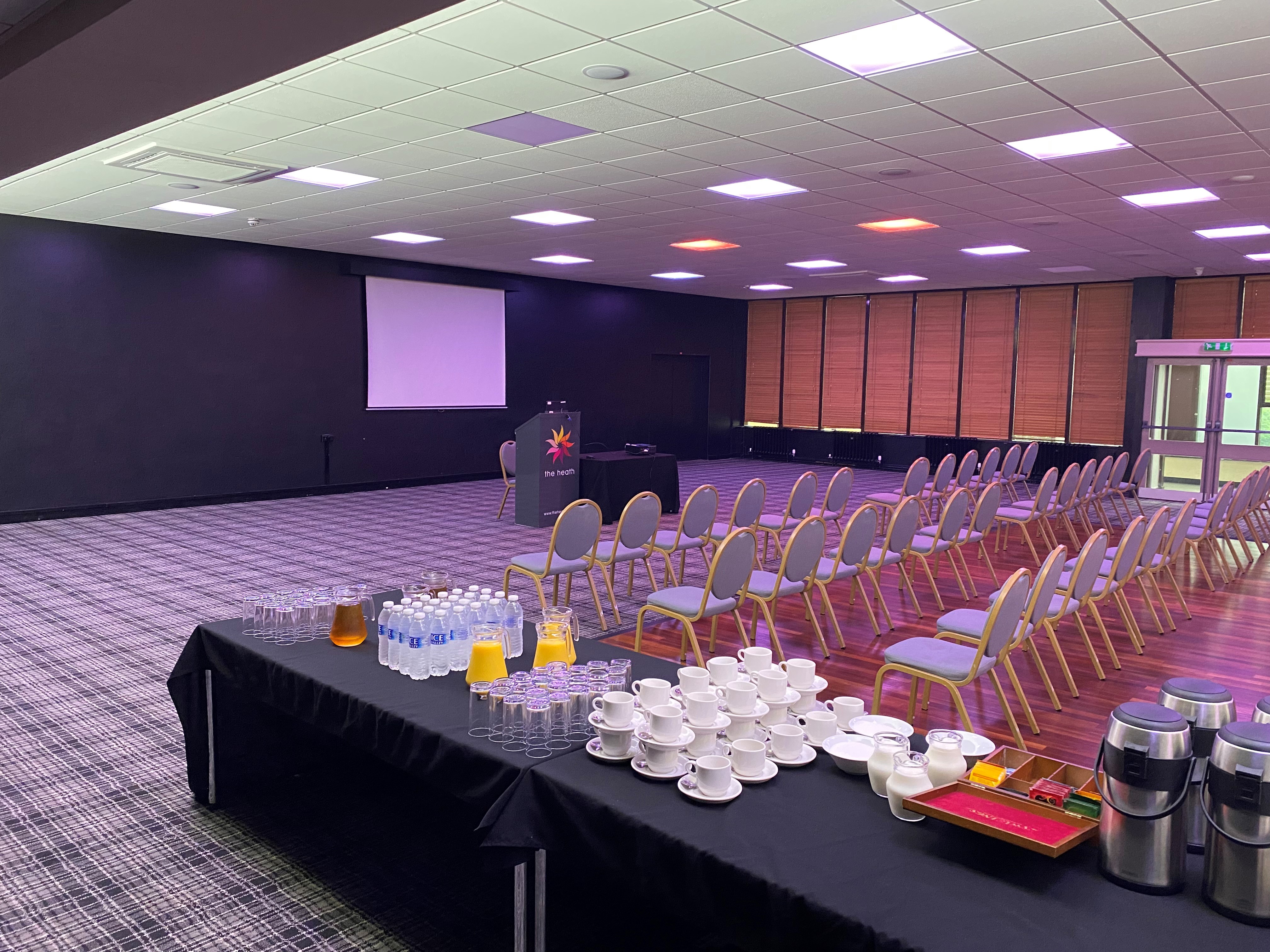Events Hall in The Heath Business Park, arranged seating for meetings and presentations.
