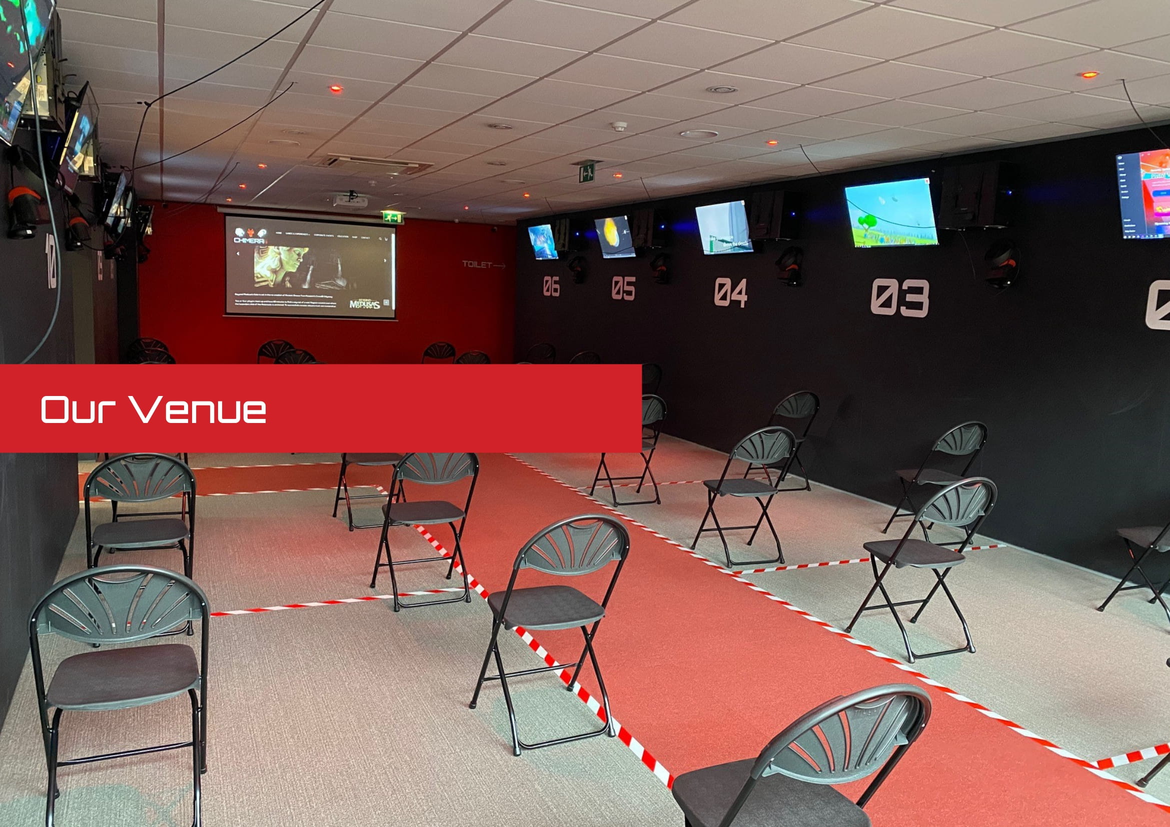 ChimeraVR event space with socially distanced seating for hybrid presentations.