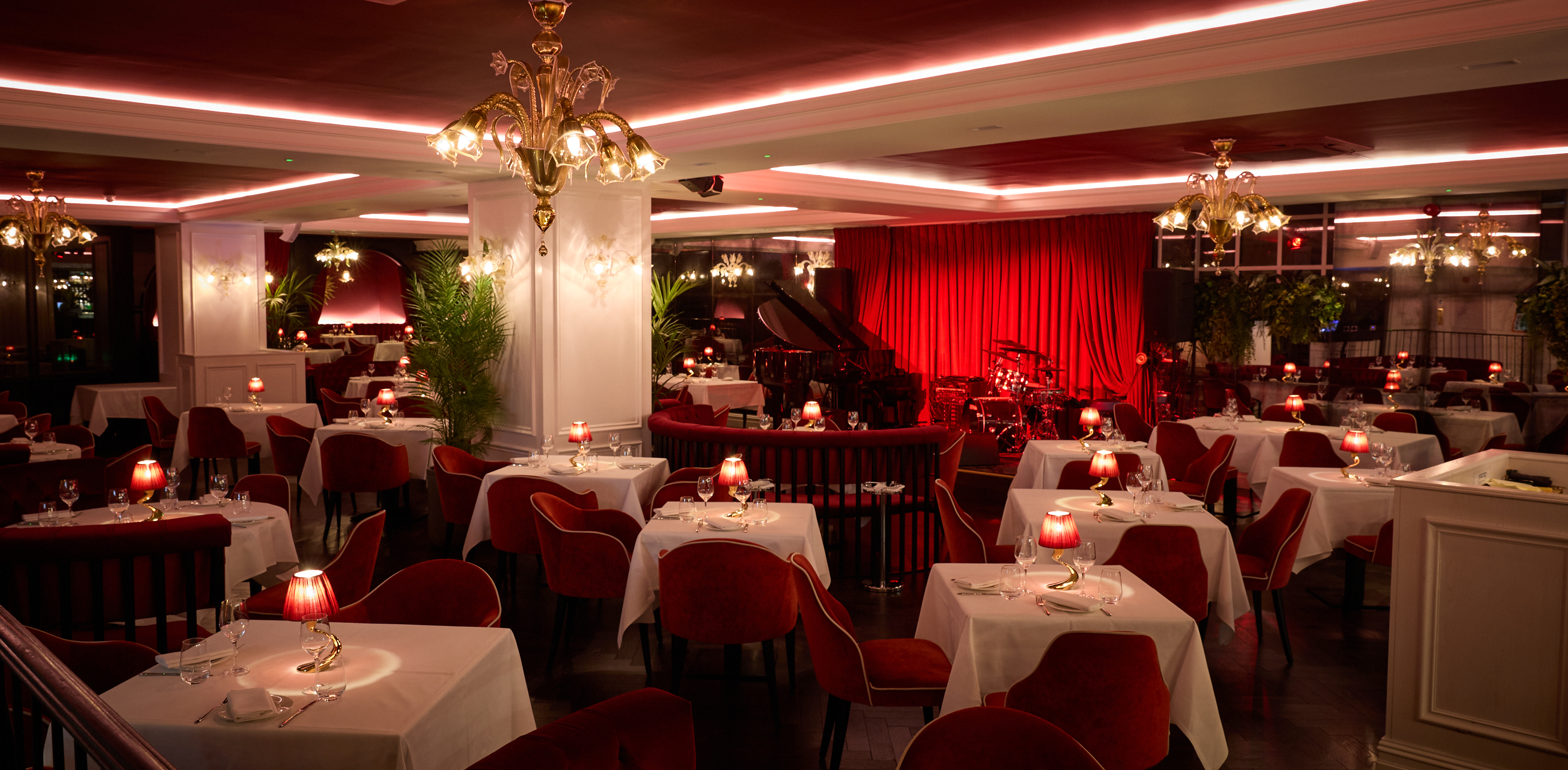 Elegant dining venue with plush seating, perfect for corporate dinners and private events.