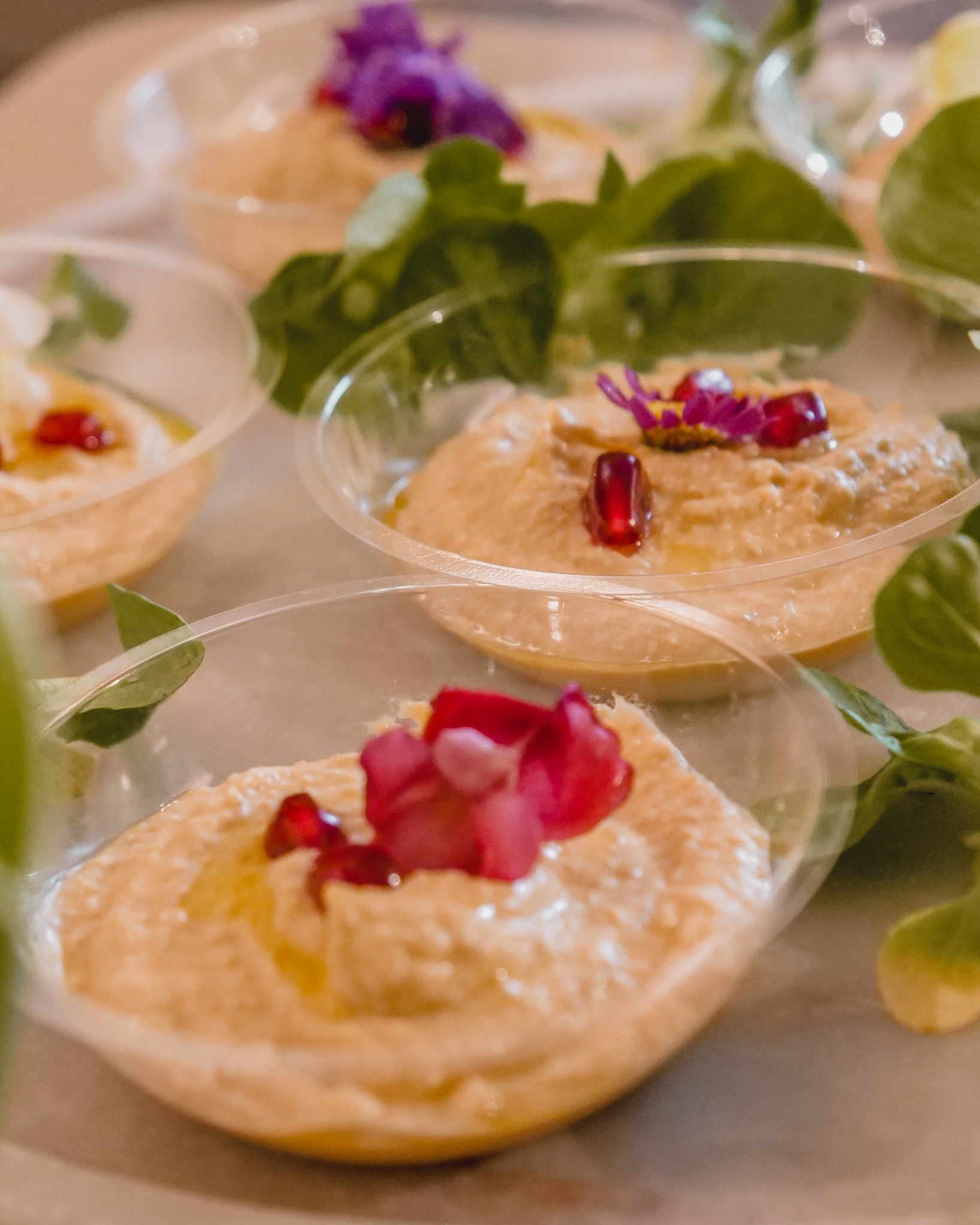 Elegant hummus servings with herbs, ideal for upscale networking events and receptions.