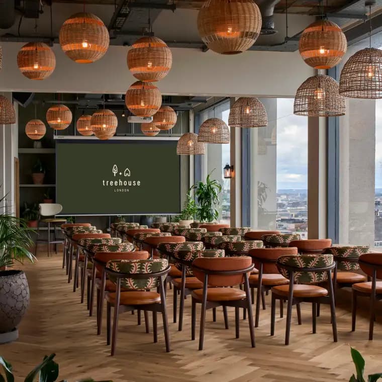 Madera private room at Treehouse Hotel London: upscale corporate workshop space with city views.