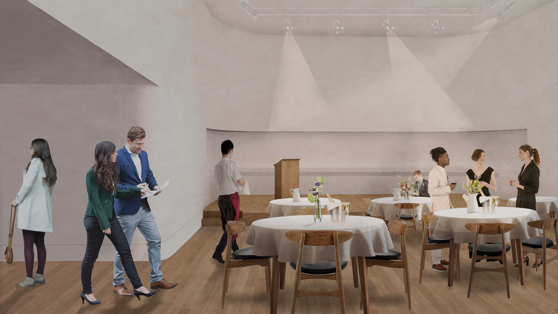 Modern event space with round tables, ideal for networking and presentations.