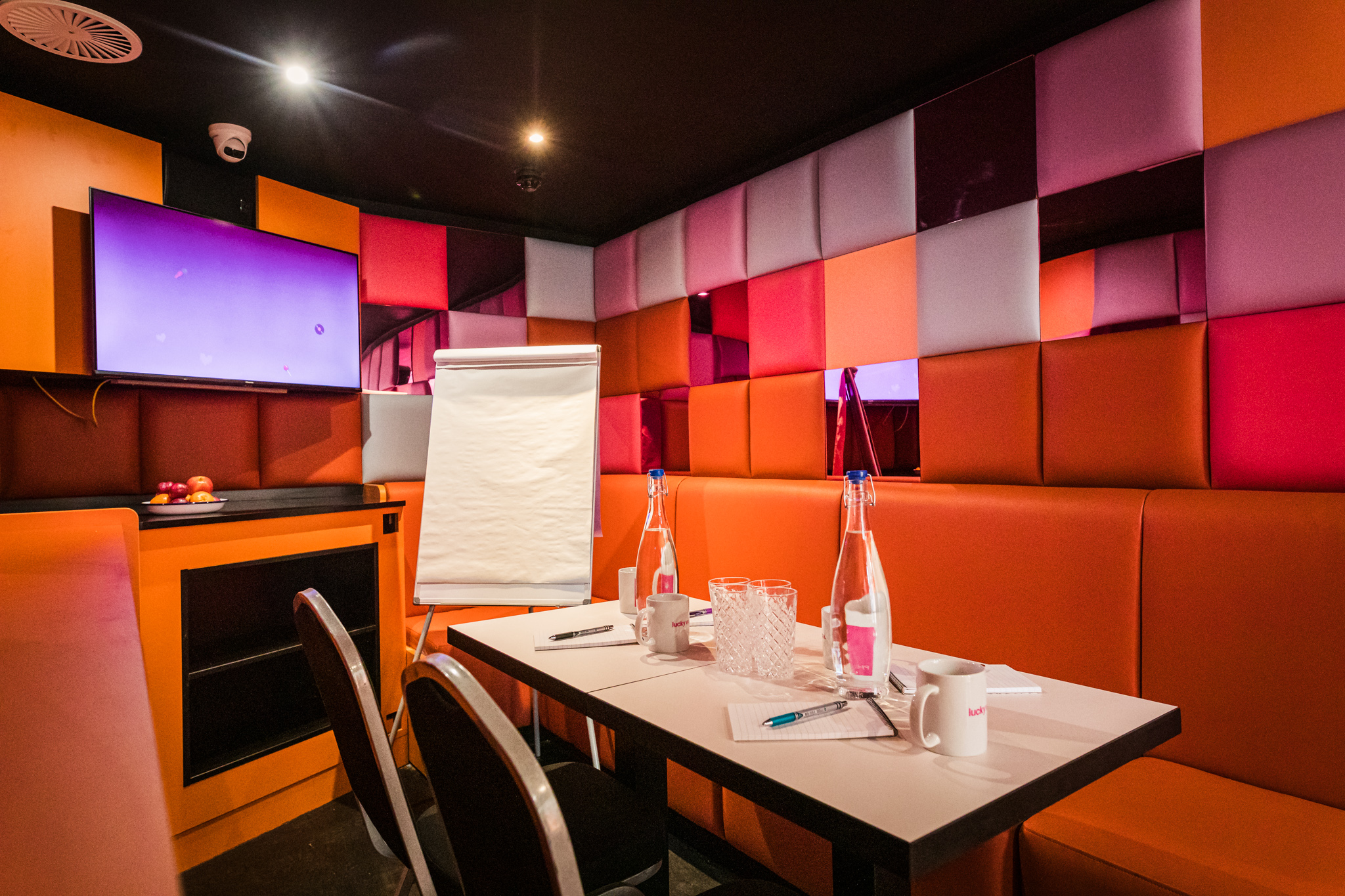 Private karaoke room at Lucky Voice Liverpool Street, vibrant space for meetings and workshops.