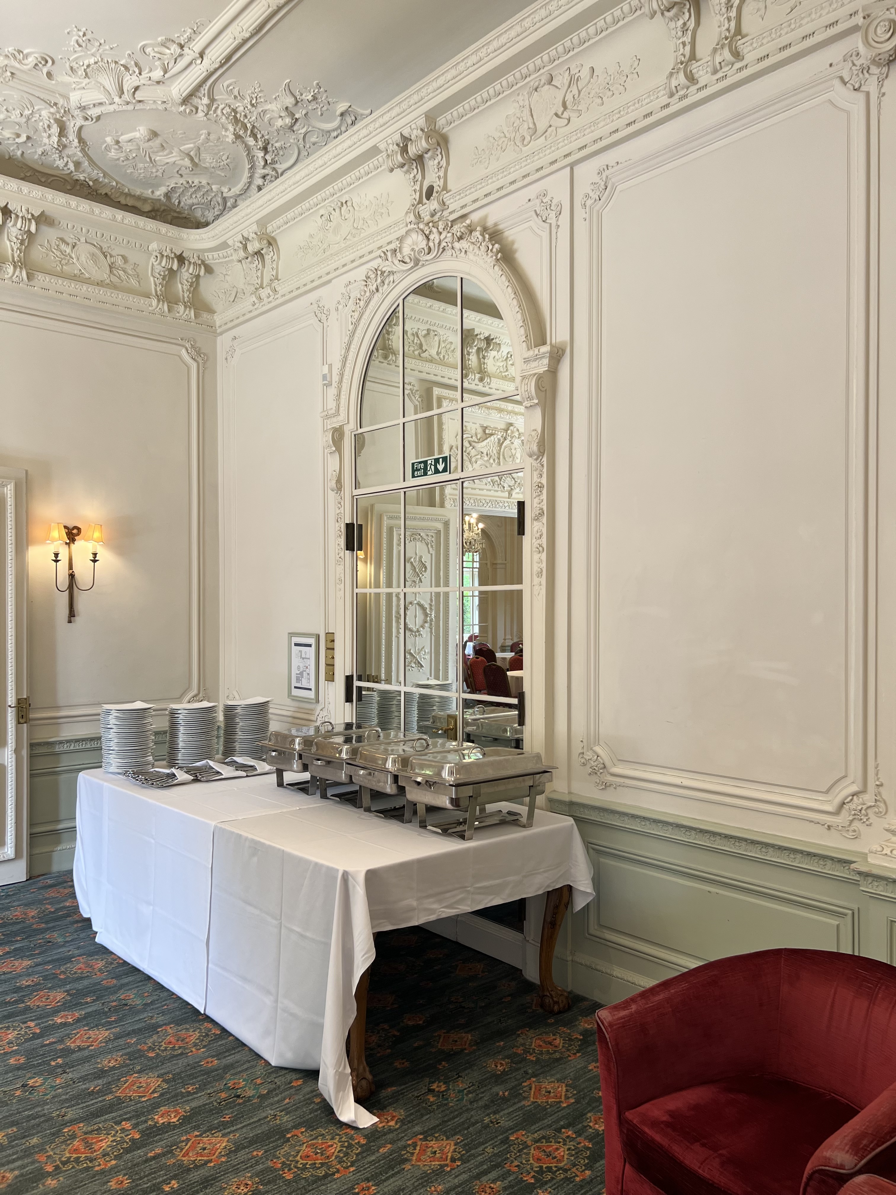 Elegant catering setup with lavender decor at Warren House Hotel for formal events.