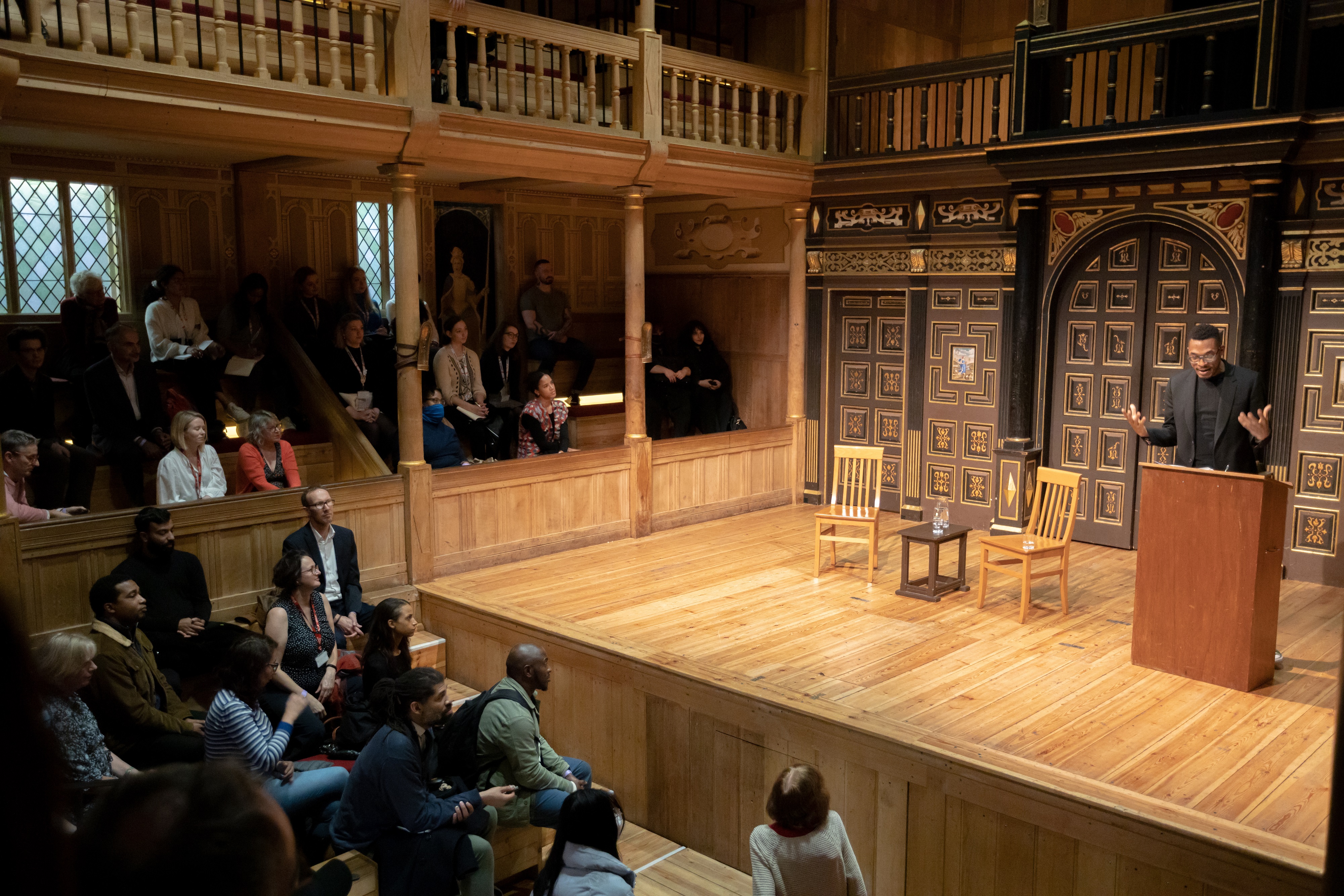 Sam Wanamaker Theatre, wooden architecture, ideal for workshops and performances.