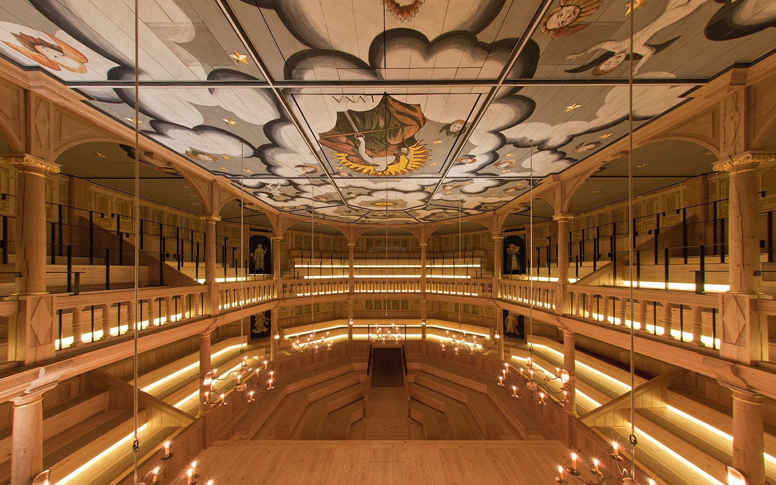 Sam Wanamaker Theatre with ornate ceiling, ideal for gala events and presentations.