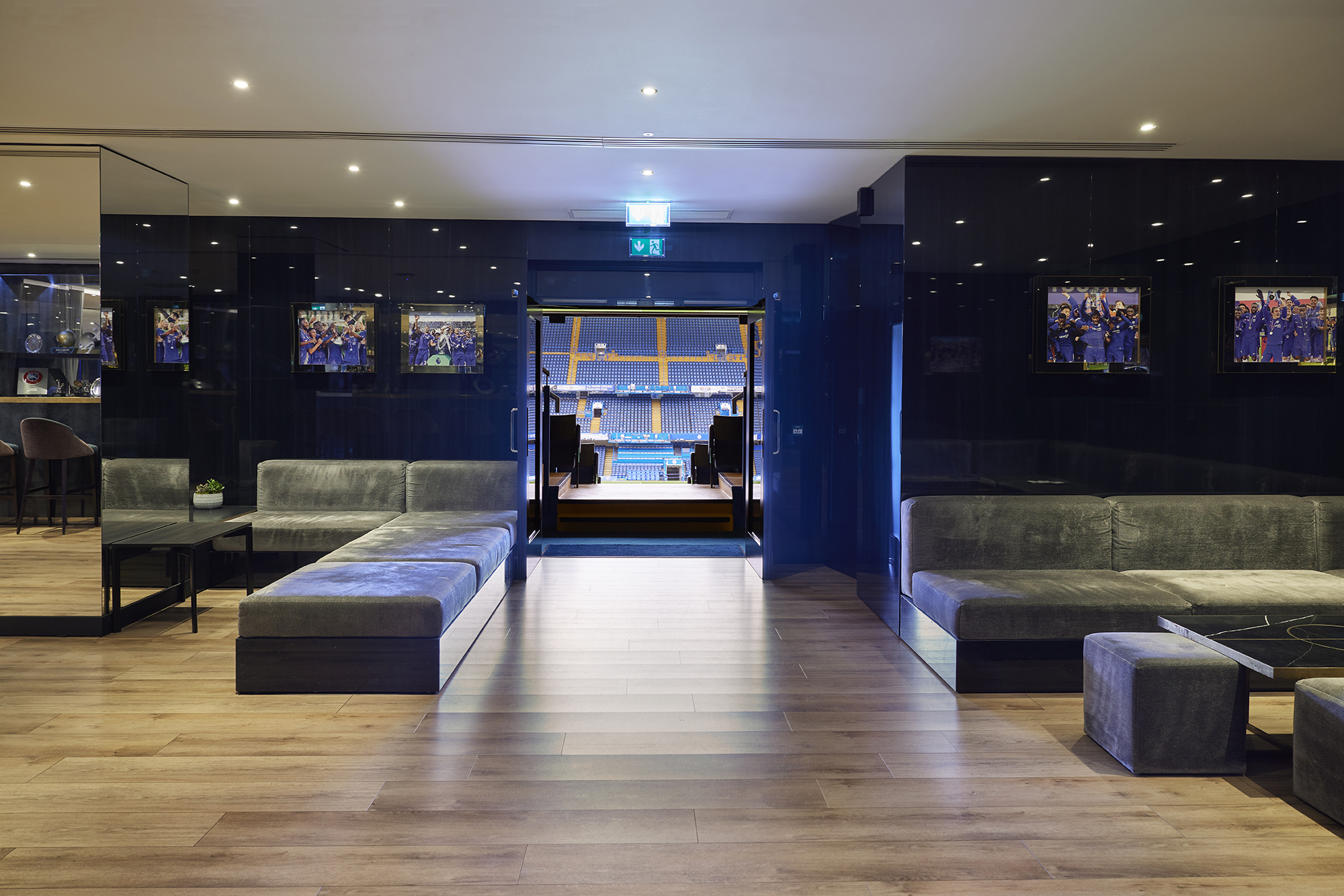 Modern event space at Chelsea FC with sleek design, ideal for meetings and gatherings.