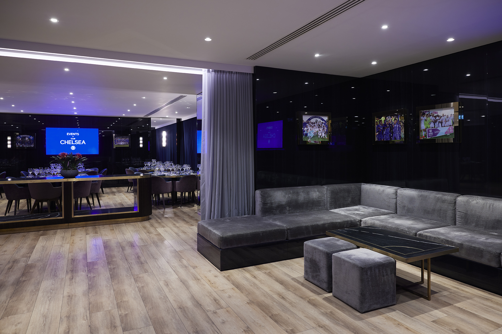 Modern event space at Chelsea FC with stylish seating for corporate gatherings.