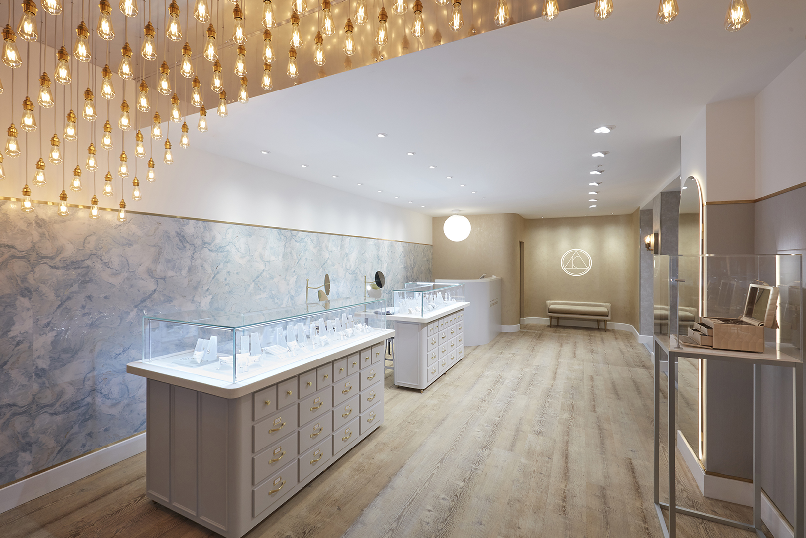 Upscale jewelry store interior with elegant lighting, ideal for exclusive events.